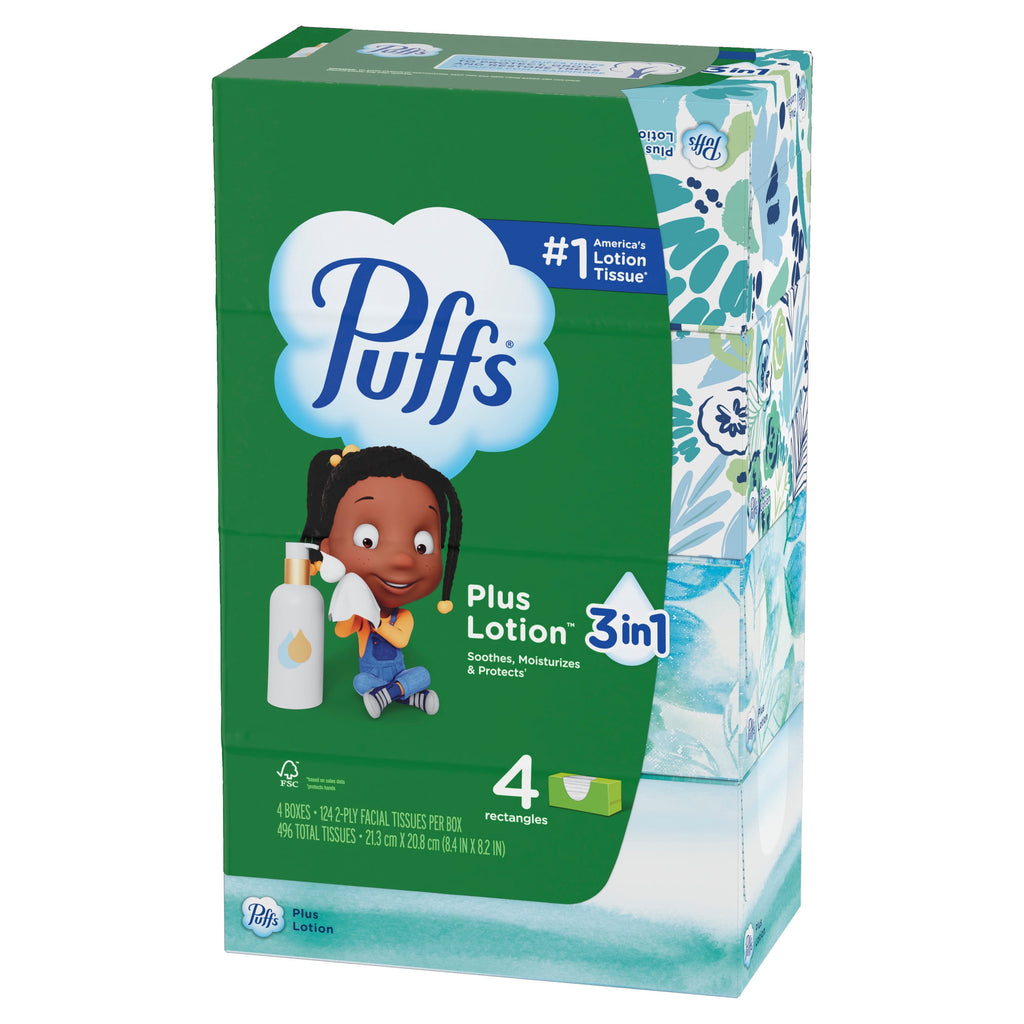 Puffs Plus Lotion Facial Tissues - 4 Family Boxes, 124 tissues per box