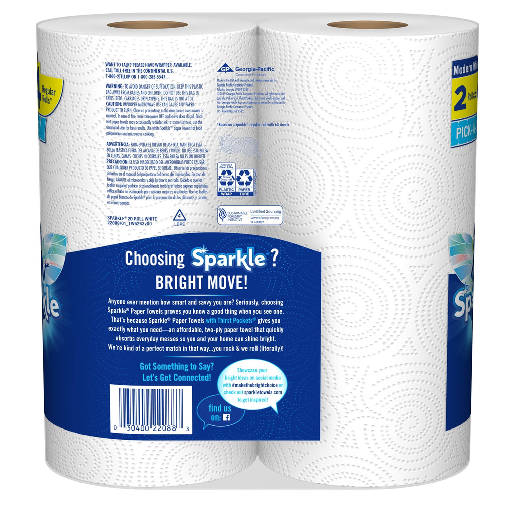 Sparkle Pick-A-Size Paper Towels - White, 2 Double Rolls = 4 Regular Rolls, 126 2-Ply Sheets Per Roll