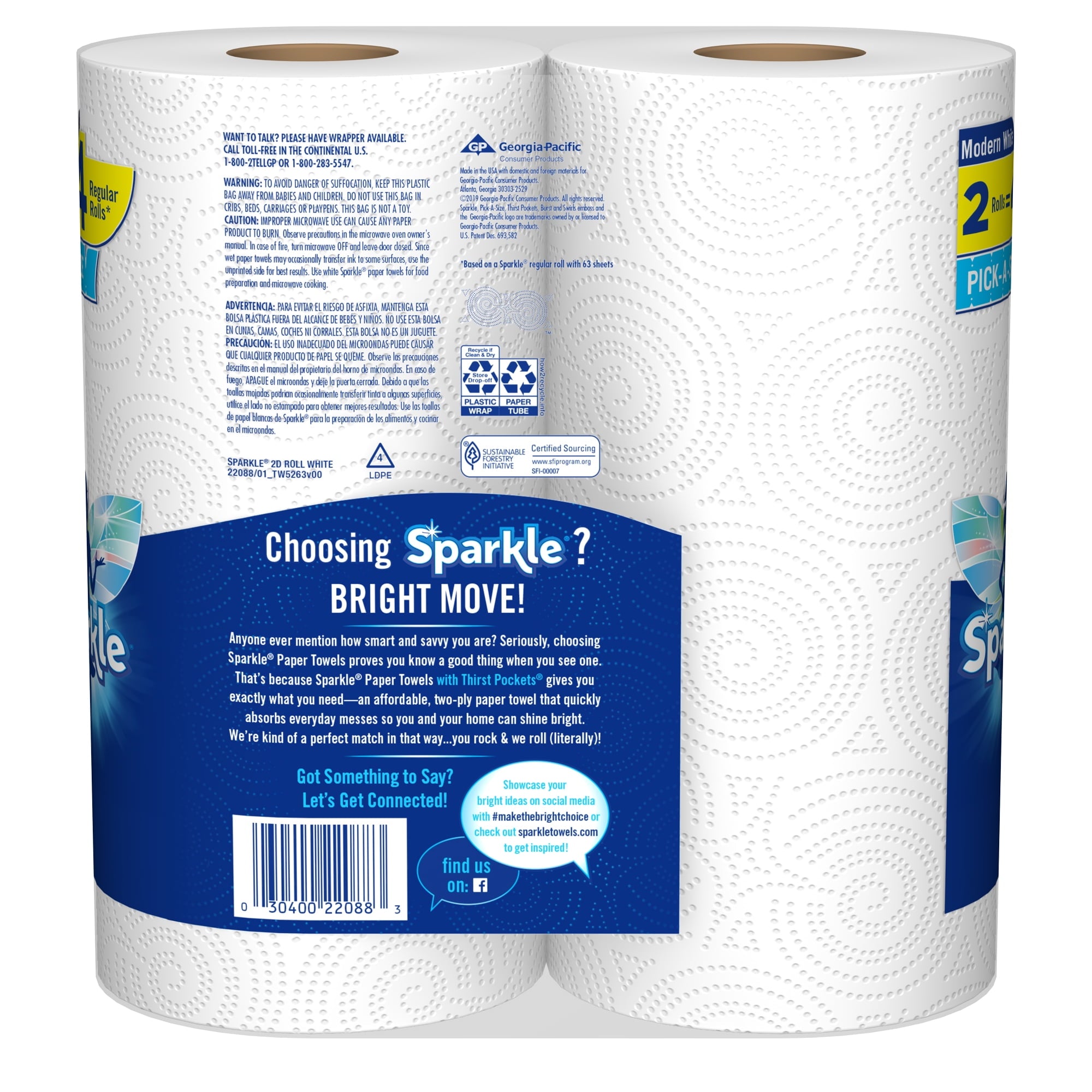 Sparkle Pick-A-Size Paper Towels - White, 2 Double Rolls = 4 Regular Rolls, 126 2-Ply Sheets Per Roll