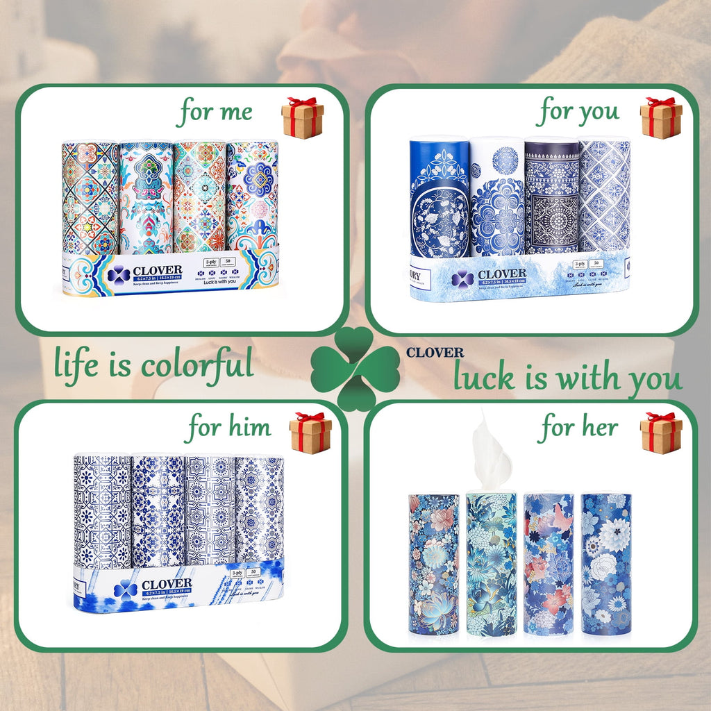 Clover Round Facial Tissues for Car - Small Space, 4 Tubes 3-Ply Multi-Color Car Tissus for Travel