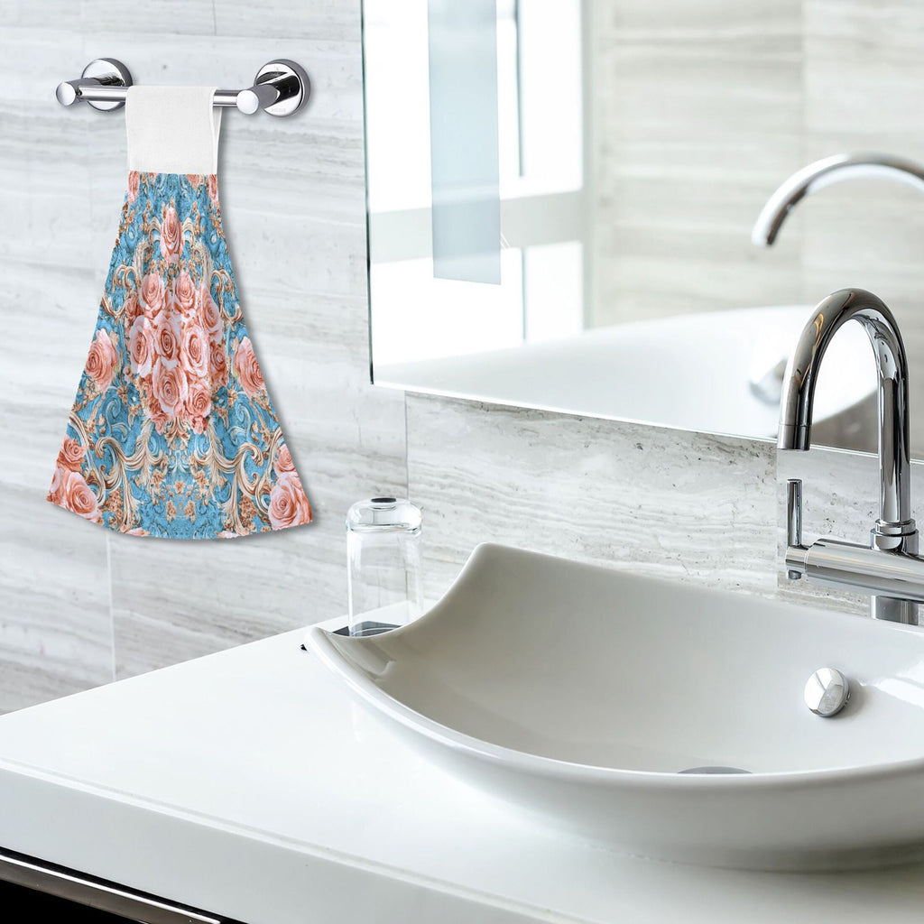 BZSMCE Hanging Hand Towels Fashion Blush Roses on Aqua Pattern 2-Pack - Velcro Style Bathroom Kitchen Towels