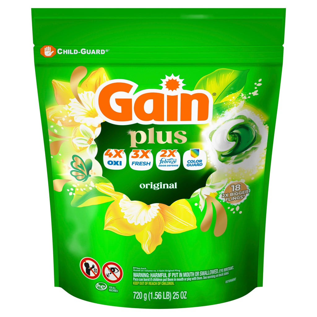 Gain Plus Flings Laundry Detergent Liquid Washing Pacs - Gain's Best All-In-One Clean, Original Scent, 18 Count