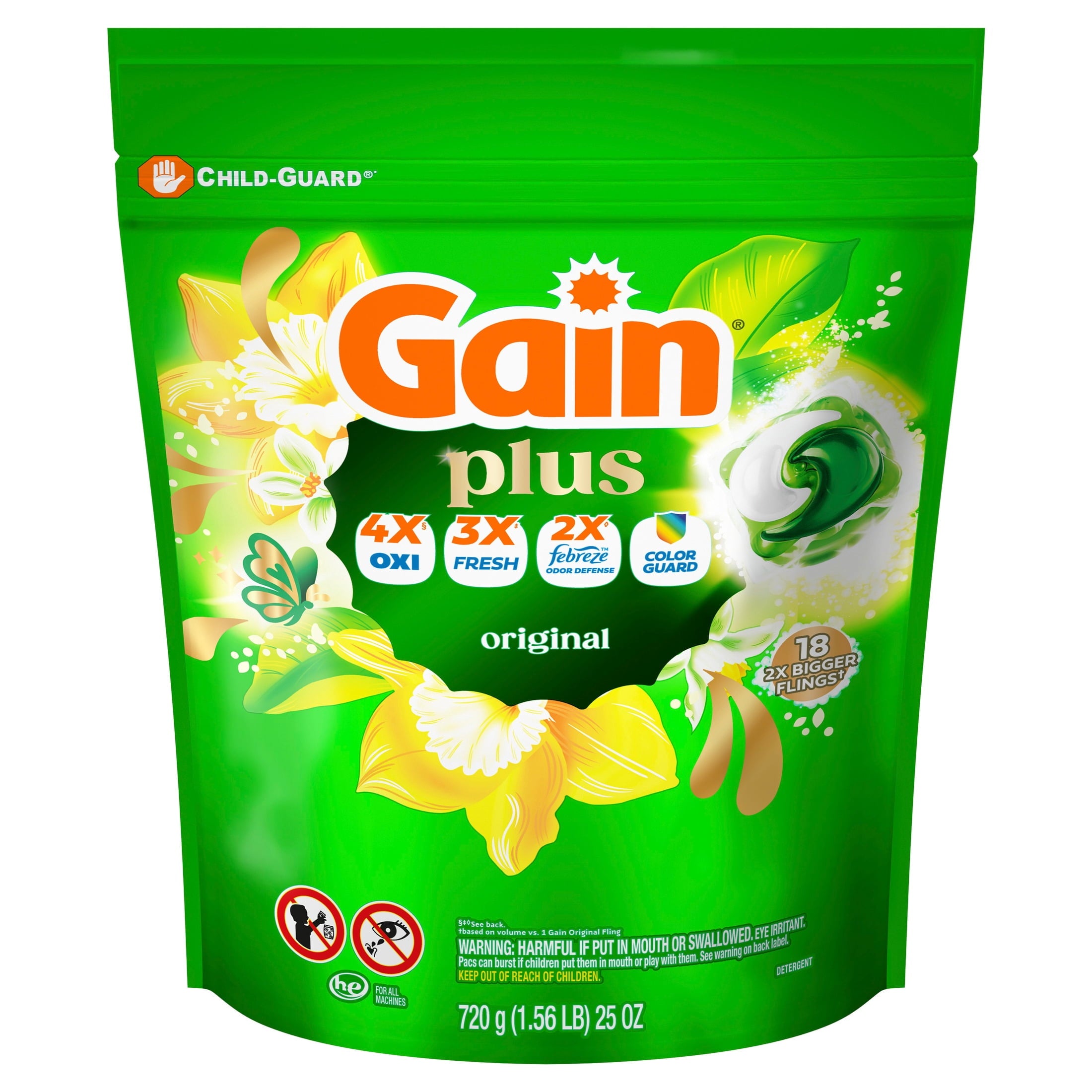 Gain Plus Flings Laundry Detergent Liquid Washing Pacs - Gain's Best All-In-One Clean, Original Scent, 18 Count