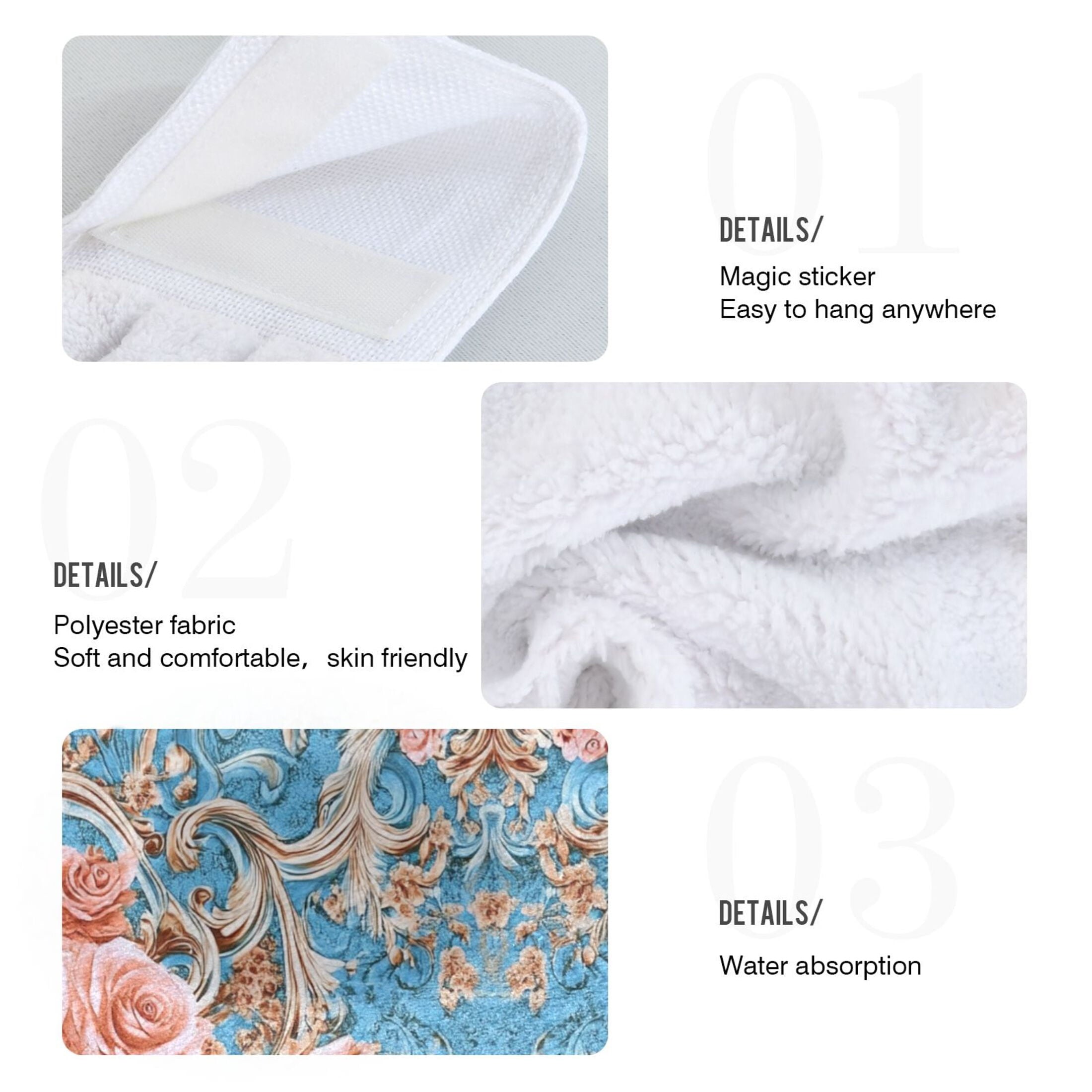 BZSMCE Hanging Hand Towels Fashion Blush Roses on Aqua Pattern 2-Pack - Velcro Style Bathroom Kitchen Towels