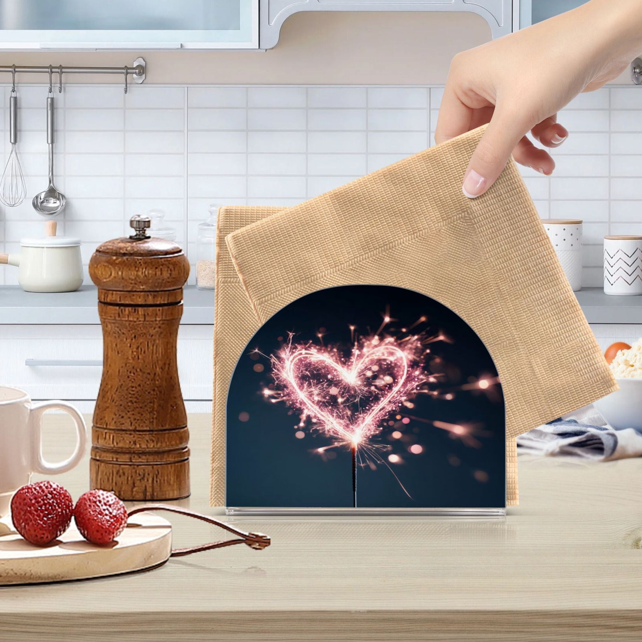 Napkin Holder for Table Kitchen Paper Tissue Organization Standing Paper Napkin Storage Pink Heart-shaped Sparkler