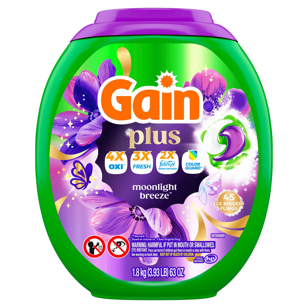 Gain Plus Flings Laundry Detergent Liquid Washing Pacs - Gain's Best All-In-One Clean, Moonlight Breeze Scent, 45 Count