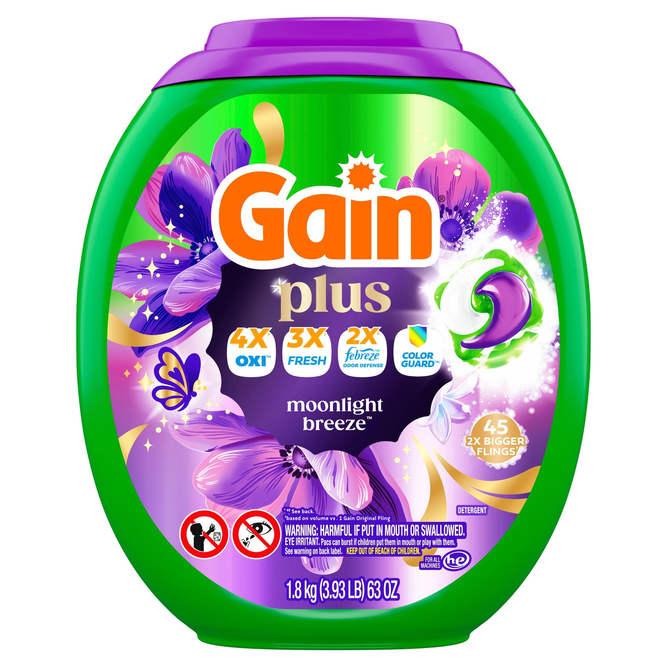 Gain Plus Flings Laundry Detergent Liquid Washing Pacs - Gain's Best All-In-One Clean, Moonlight Breeze Scent, 45 Count