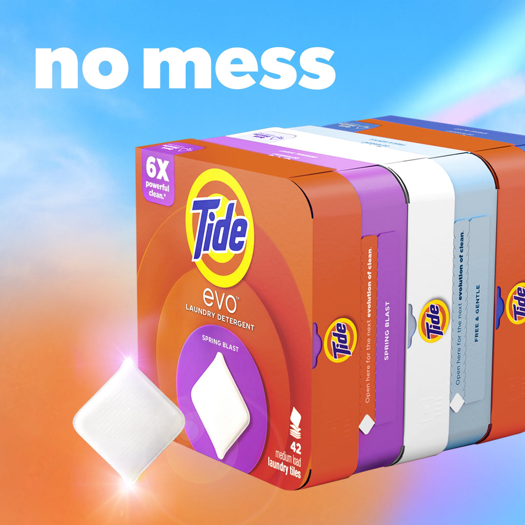 Tide Evo Laundry Detergent Tiles - 100% Concentrated, 6X Cleaning Power, Spring Blast Scent, 42 Count