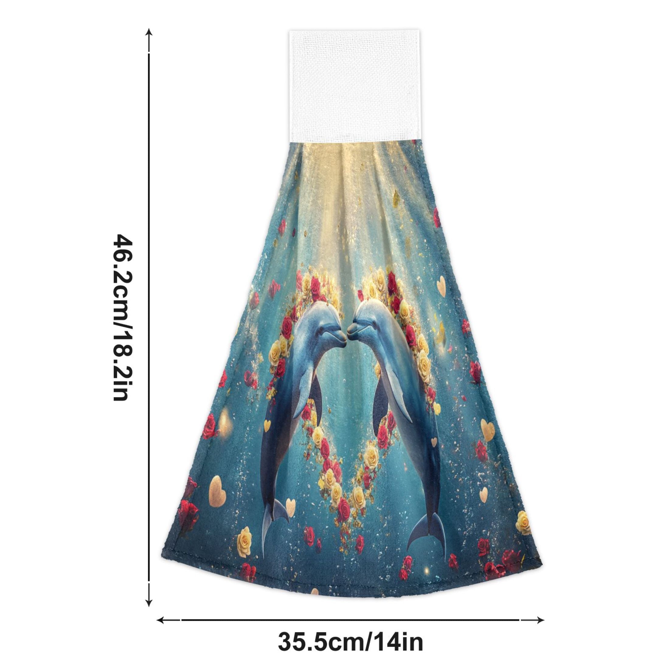 BZSMCE Hanging Hand Towels Fashion Dolphins Heart Roses Pattern 2-Pack - Velcro Style Bathroom Kitchen Towels