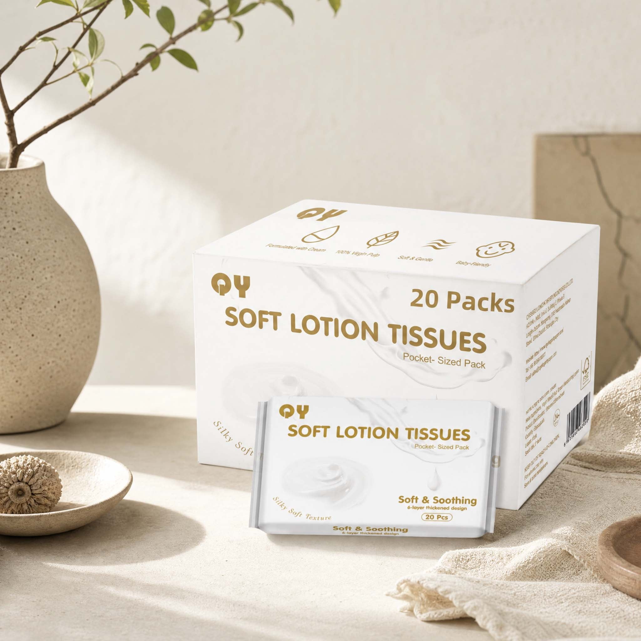 QingYa Facial Tissue with Lotion - 20 Tissue Packs, 6-Ply, 20 Sheets per Pack (400 Total Tissues), Ultra Soft