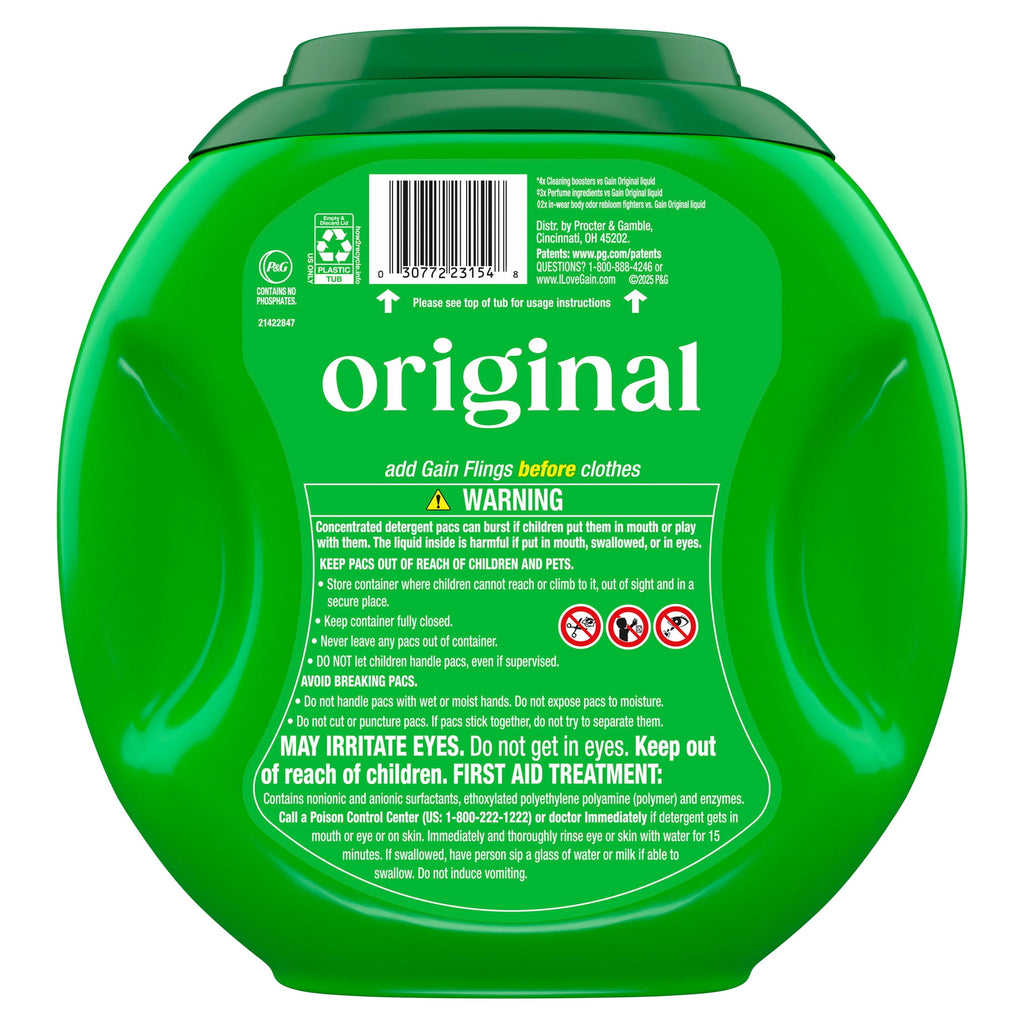 Gain Plus Flings Laundry Detergent Liquid Washing Pacs - Gain's Best All-In-One Clean, Original Scent, 32 Count