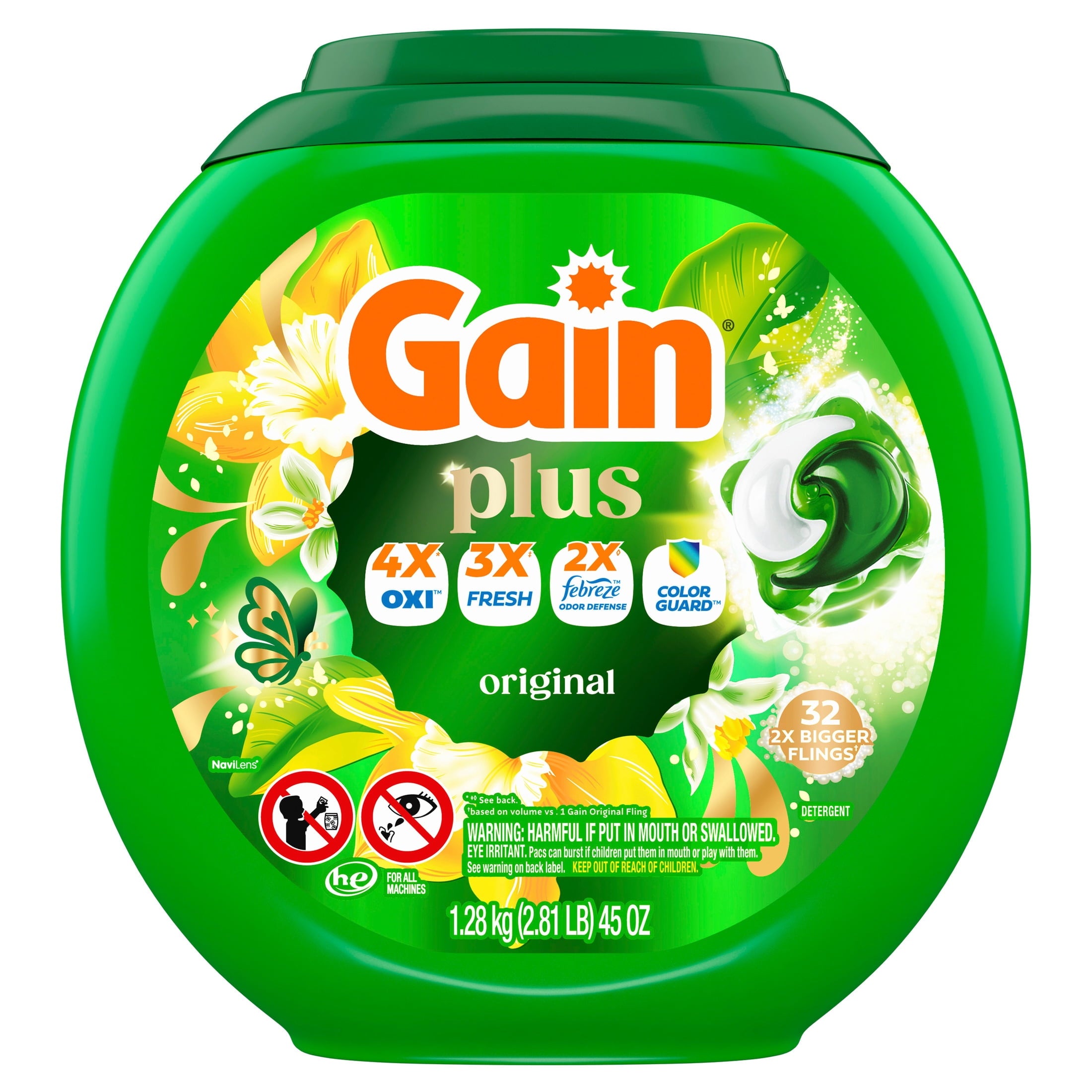 Gain Plus Flings Laundry Detergent Liquid Washing Pacs - Gain's Best All-In-One Clean, Original Scent, 32 Count