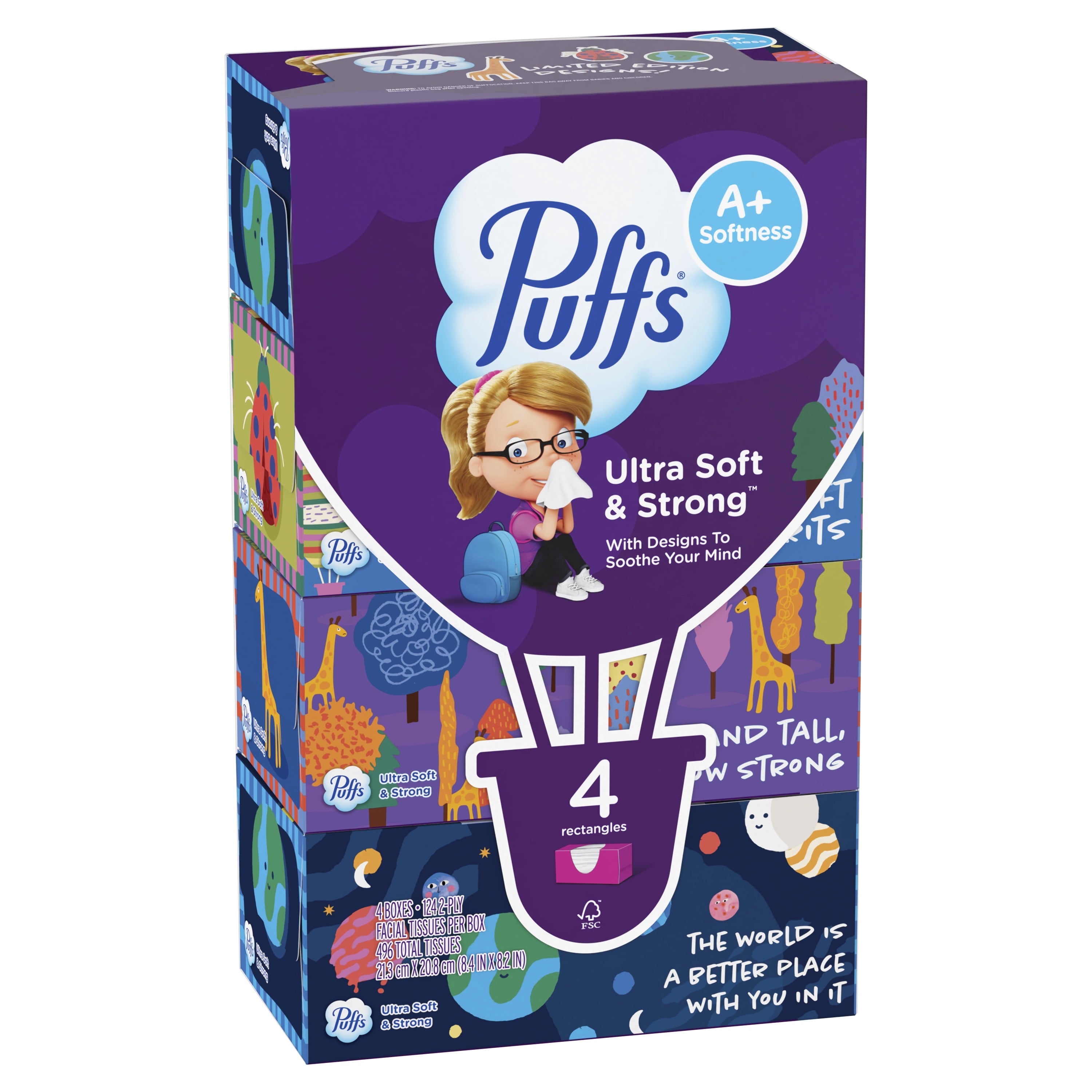 Puffs Ultra Soft Facial Tissues - Back-to-School Exclusive, 4 Rectangle Boxes, 124 Facial Tissues Per Box