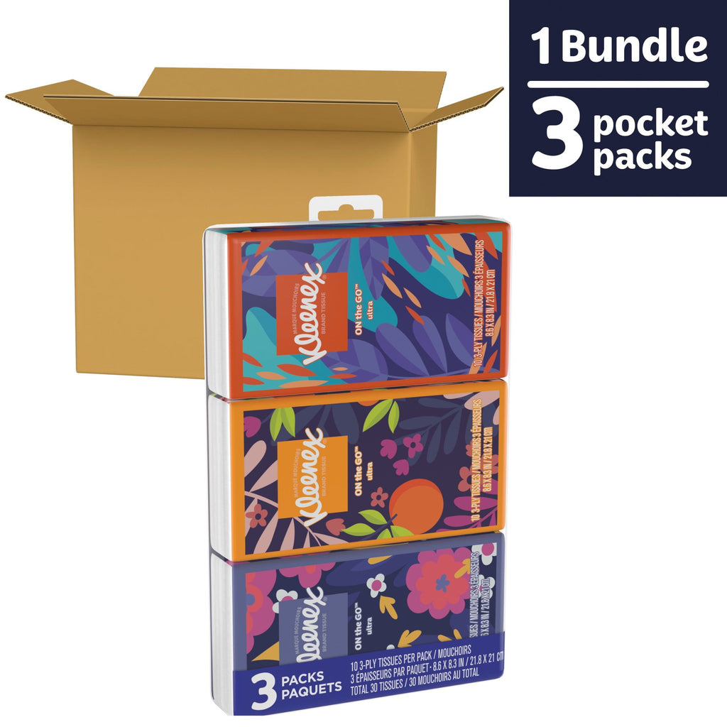 Kleenex On-The-Go Facial Tissues - 3 On-The-Go Packs, 10 Tissues per Pack, 3-Ply