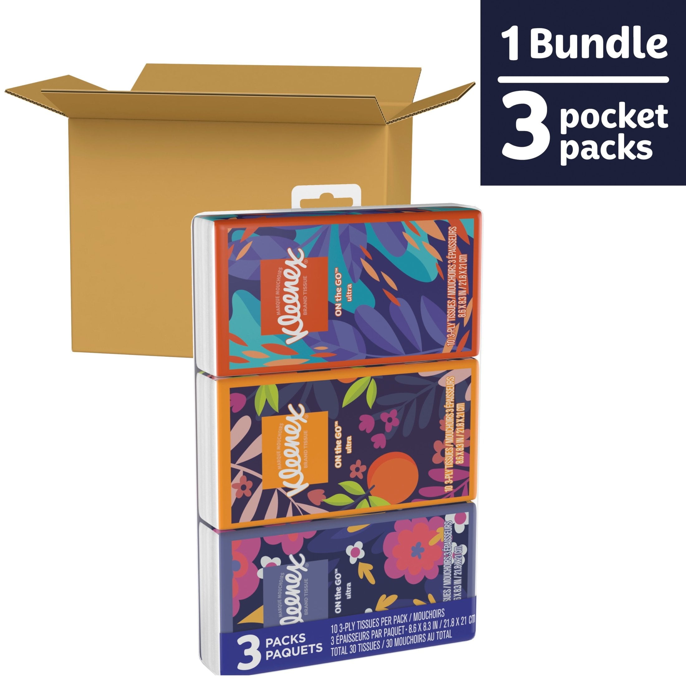 Kleenex On-The-Go Facial Tissues - 3 On-The-Go Packs, 10 Tissues per Pack, 3-Ply