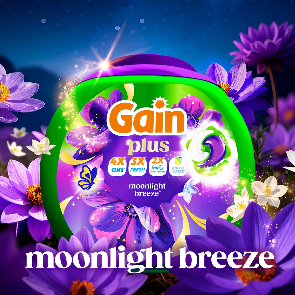 Gain Plus Flings Laundry Detergent Liquid Washing Pacs - Gain's Best All-In-One Clean, Moonlight Breeze Scent, 45 Count