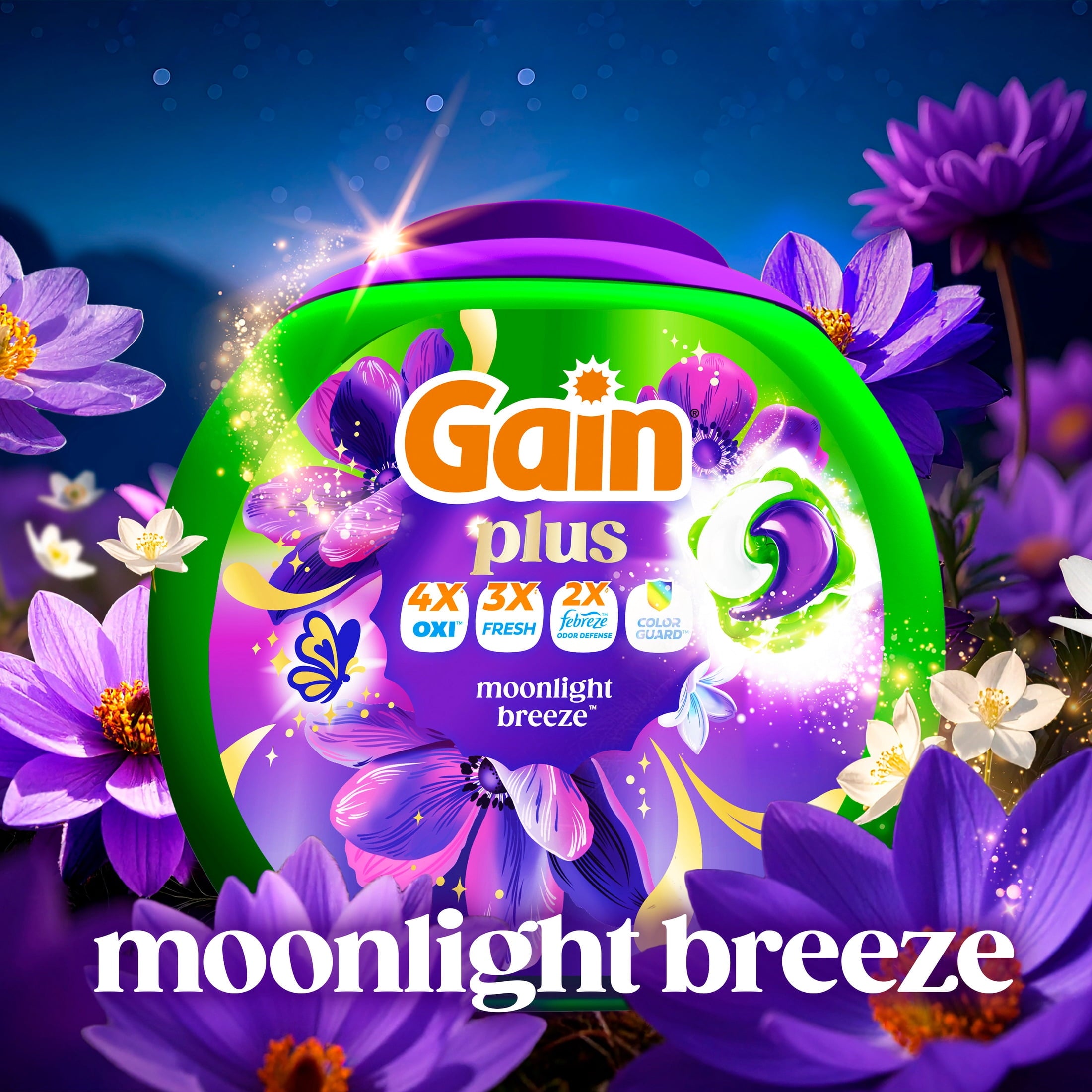 Gain Plus Flings Laundry Detergent Liquid Washing Pacs - Gain's Best All-In-One Clean, Moonlight Breeze Scent, 45 Count
