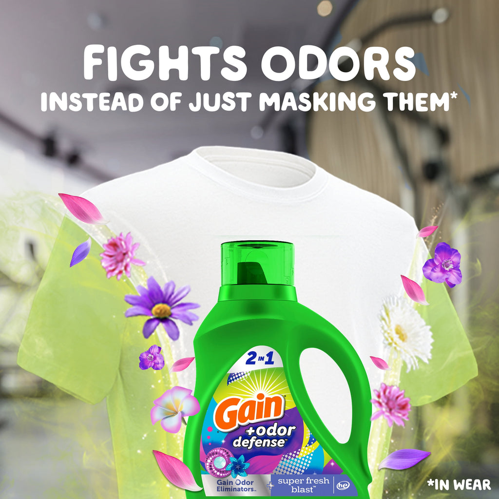 Gain Odor Defense Liquid Laundry Detergent - Super Fresh Blast Scent, 144 fl oz, 100 loads, 2 in 1, Laundry Detergent Liquid Soap