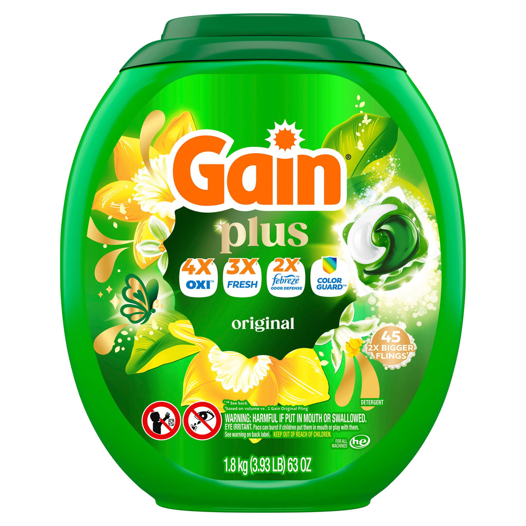 Gain Plus Flings Laundry Detergent Liquid Washing Pacs - Gain's Best All-In-One Clean, Original Scent, 45 Count