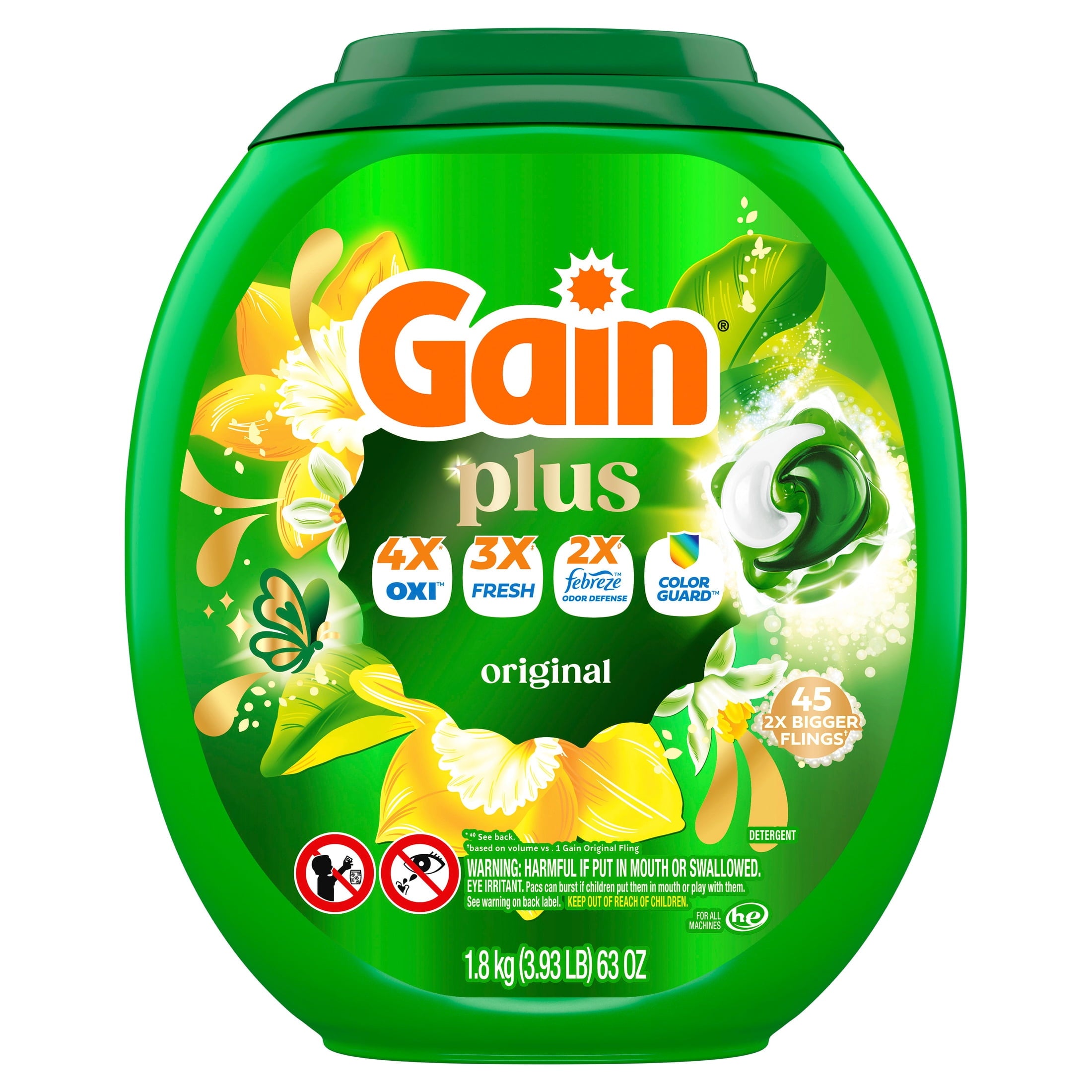 Gain Plus Flings Laundry Detergent Liquid Washing Pacs - Gain's Best All-In-One Clean, Original Scent, 45 Count