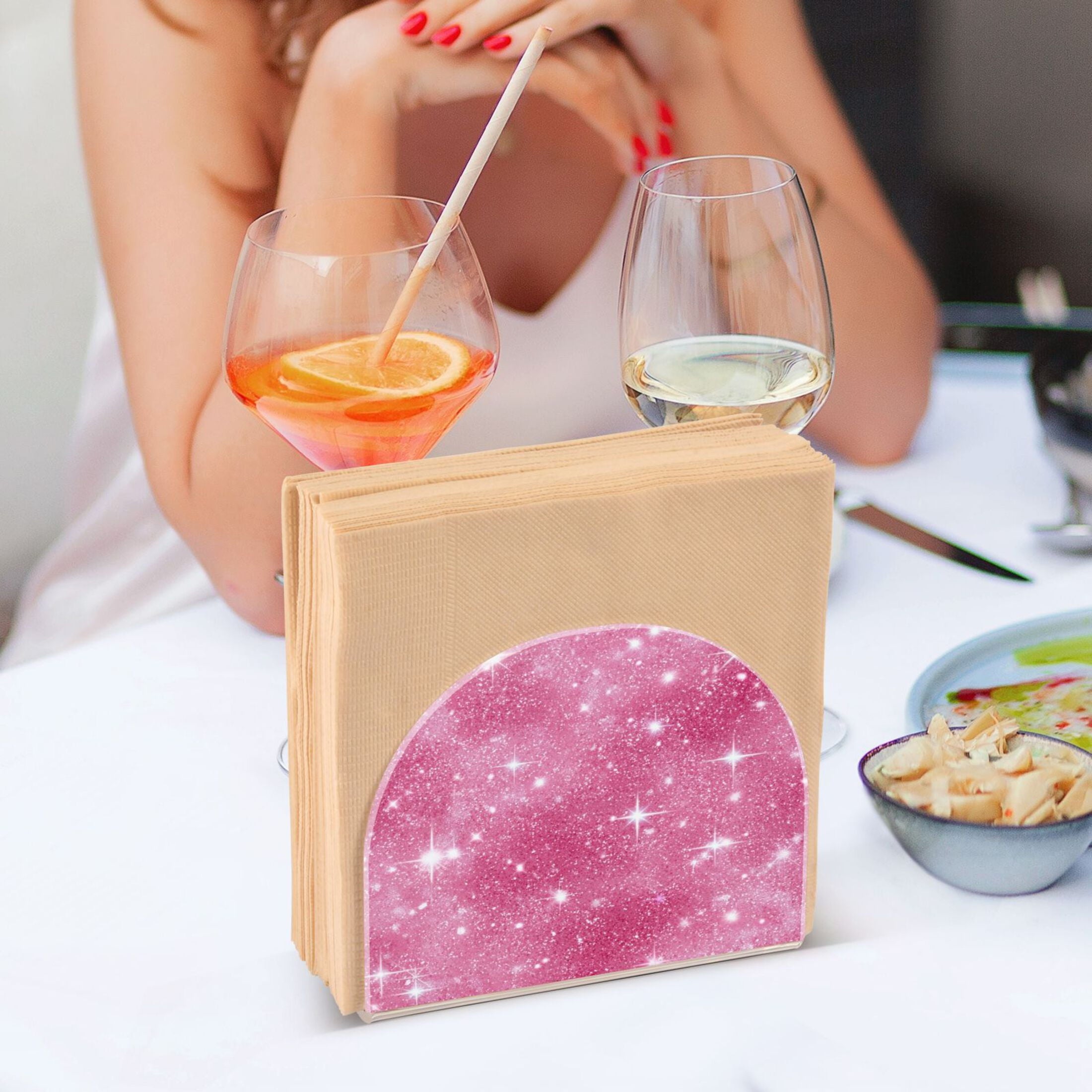 Napkin Holder for Table Kitchen Paper Tissue Organization Standing Paper Napkin Storage Pink Glitter Background
