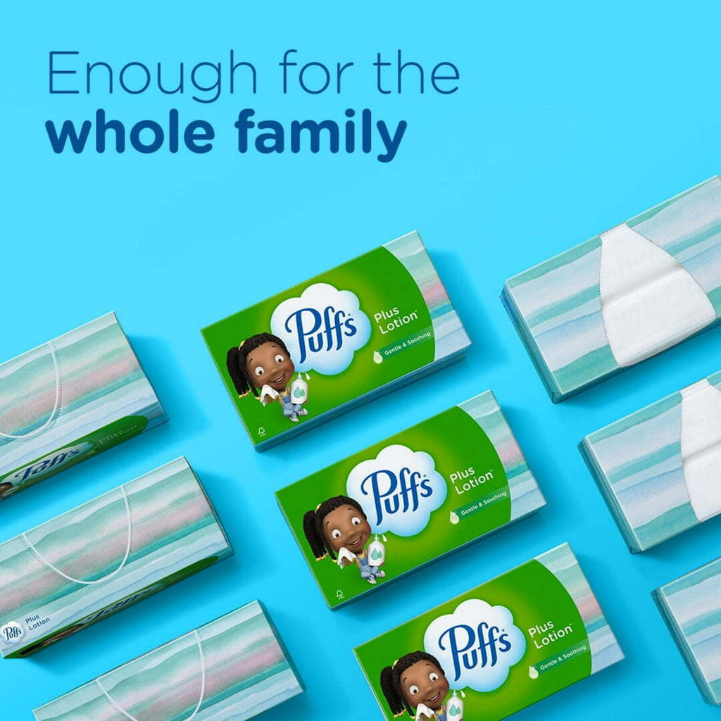 Pack of 2 Puffs Plus Lotion Facial Tissue - 6 Family Size Boxes, 124 Tissues per Box