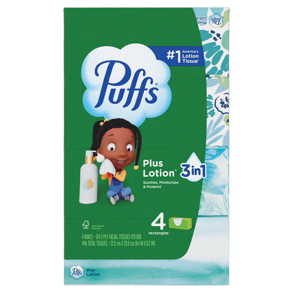 Puffs Plus Lotion Facial Tissues - 4 Family Boxes, 124 tissues per box