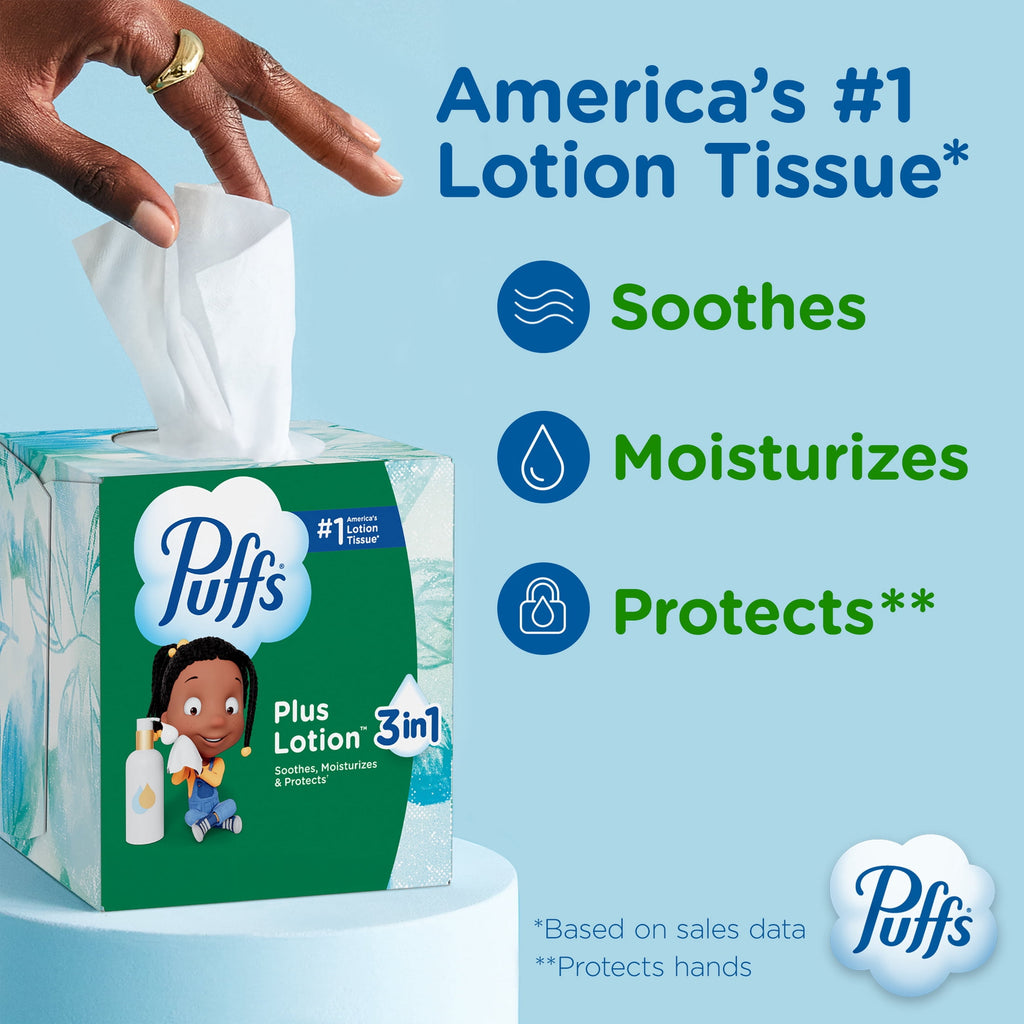 Puffs Plus Lotion Facial Tissues - 4 Family Boxes, 124 tissues per box