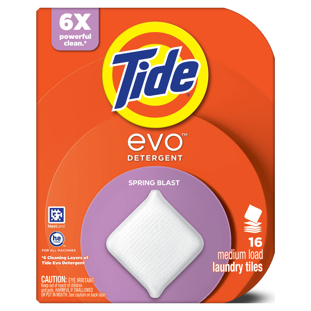 Tide Evo Laundry Detergent Tiles - 100% Concentrated, 6X Cleaning Power, Spring Blast Scent, 16 Count