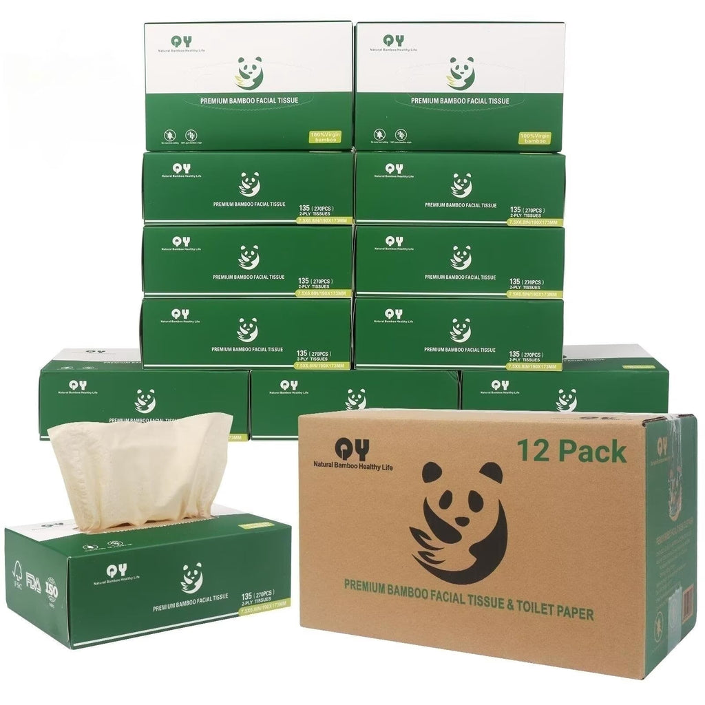 QingYa Premium Bamboo Facial Tissues - 12 Square Boxes, 135 Tissues per Box, Ultra Soft and Unbleached