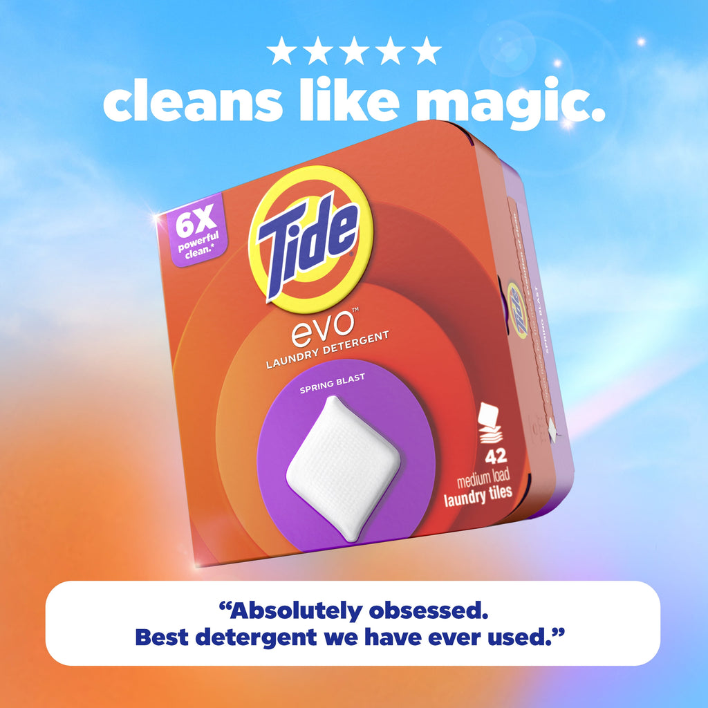 Tide Evo Laundry Detergent Tiles - 100% Concentrated, 6X Cleaning Power, Spring Blast Scent, 42 Count