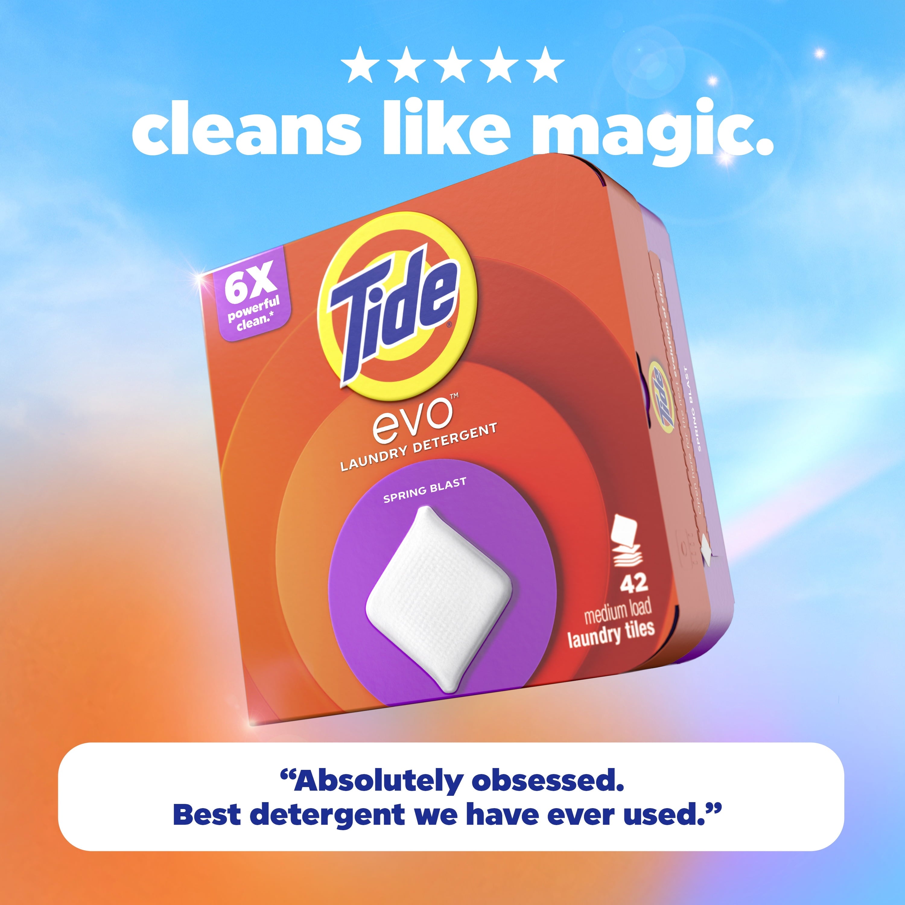 Tide Evo Laundry Detergent Tiles - 100% Concentrated, 6X Cleaning Power, Spring Blast Scent, 42 Count