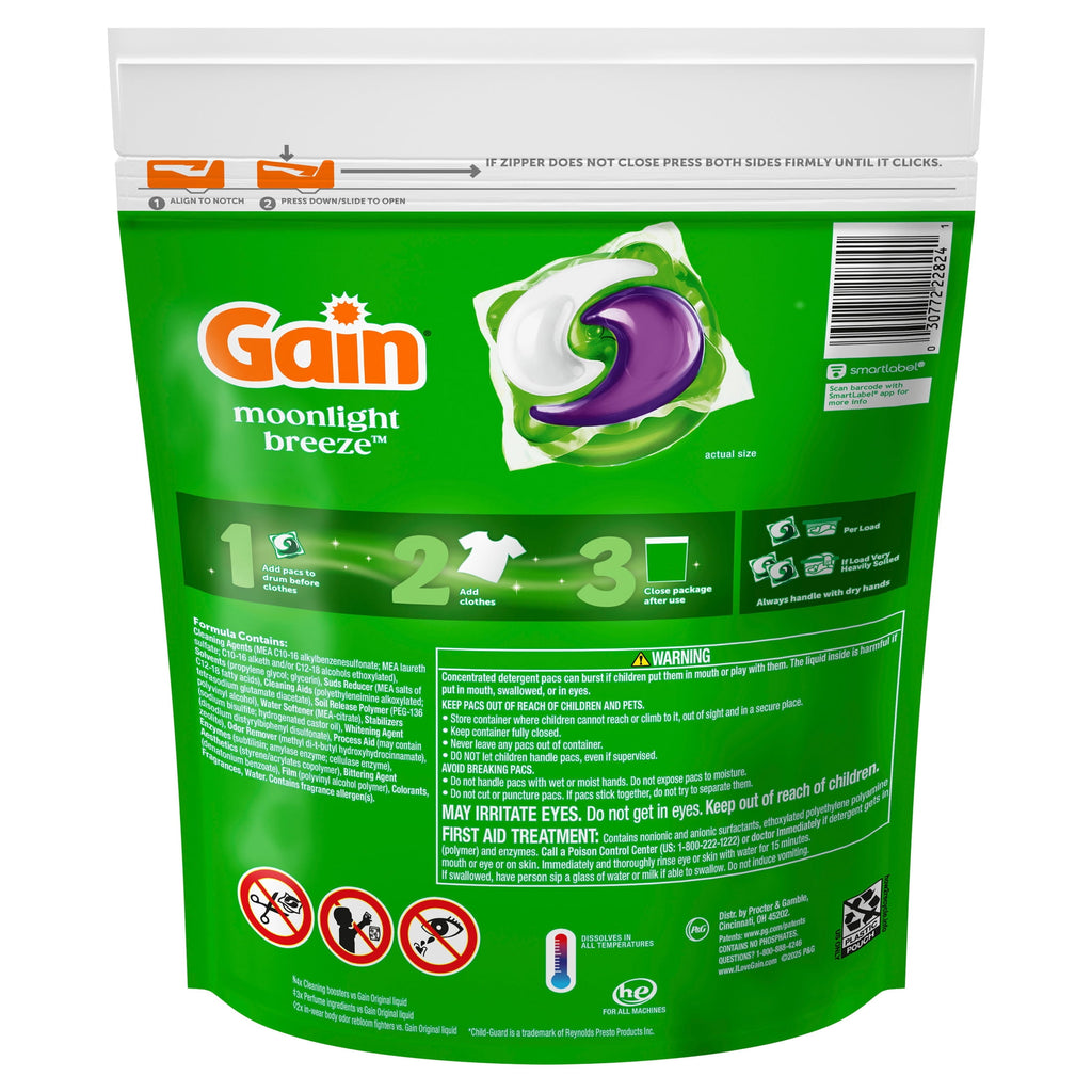 Gain Plus Flings Laundry Detergent Liquid Washing Pacs - Gain's Best All-In-One Clean, Moonlight Breeze Scent, 18 Count