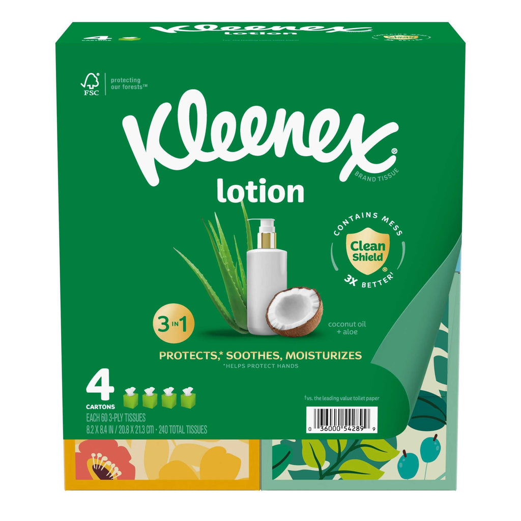 Kleenex Lotion Facial Tissues with Coconut Oil - 4 Cube Boxes, 60 Tissues per Box, 3-Ply - 8-Pack