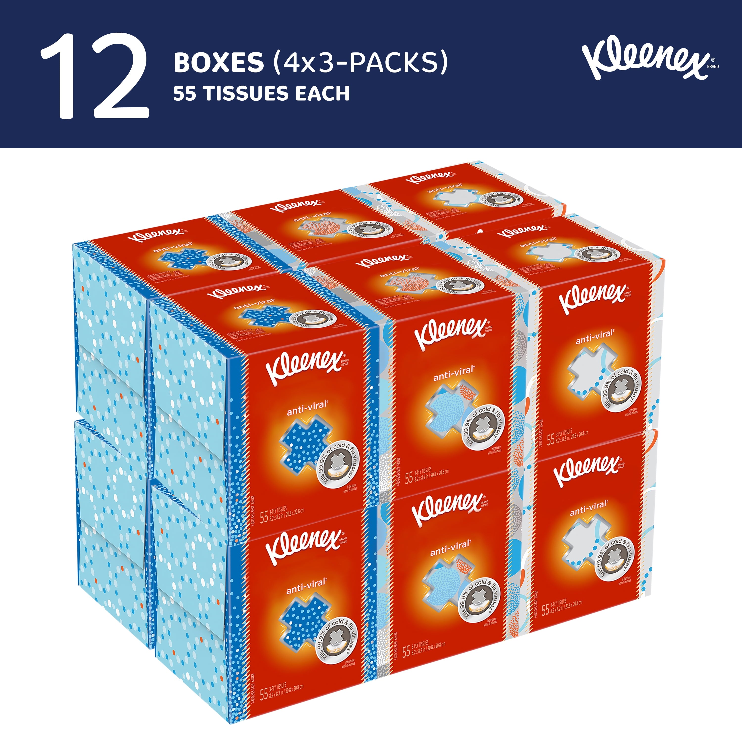 Kleenex Professional Anti-Viral Facial Tissue - Bulk (21286), 3-Ply, White, Upright Cube Boxed Format, Designed for Business (55 Tissues/Box, 12 Boxes, 660 Sheets/Case)