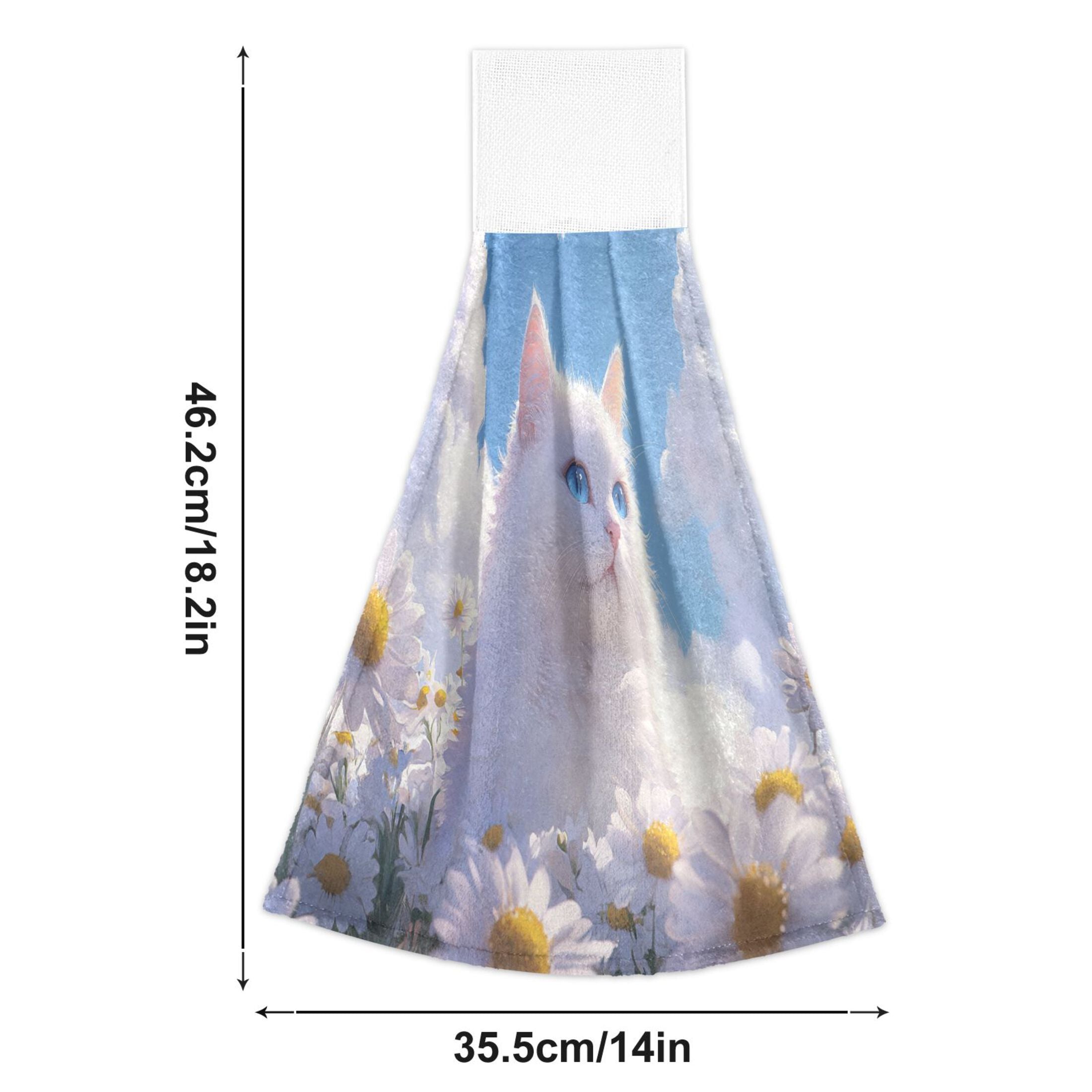 BZSMCE Hanging Hand Towels Fashion Cat Among Daisies and Clouds Pattern 2-Pack - Velcro Style Bathroom Kitchen Towels
