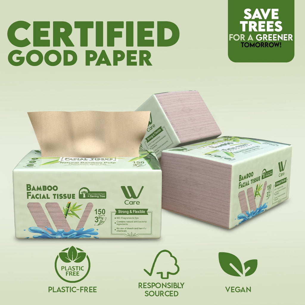 WBM 100% Bamboo Fiber 3-Ply Facial Tissues - 150 Tissues per Box, 10 Packs (1500 Total Tissues)