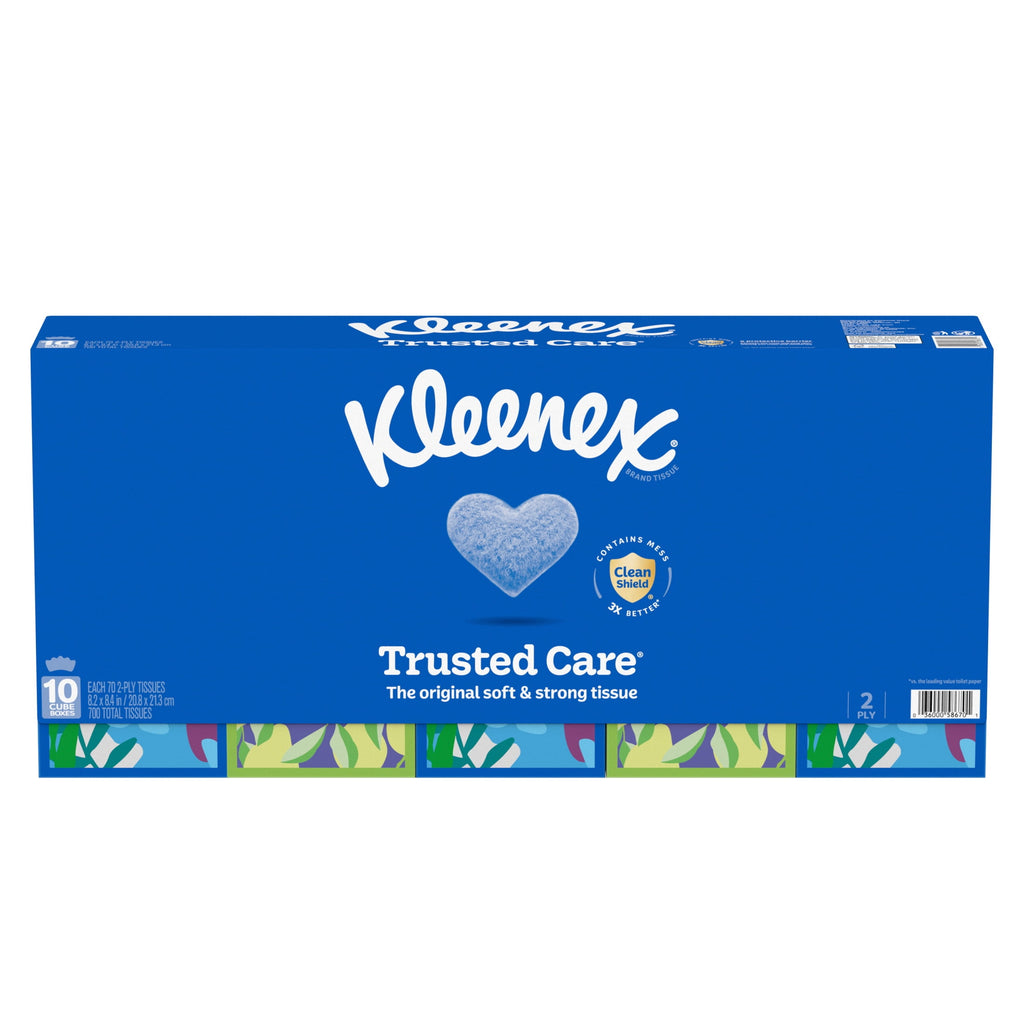 Kleenex Trusted Care Facial Tissues - 10 Cube Boxes, 70 Tissues per Box, 2-Ply