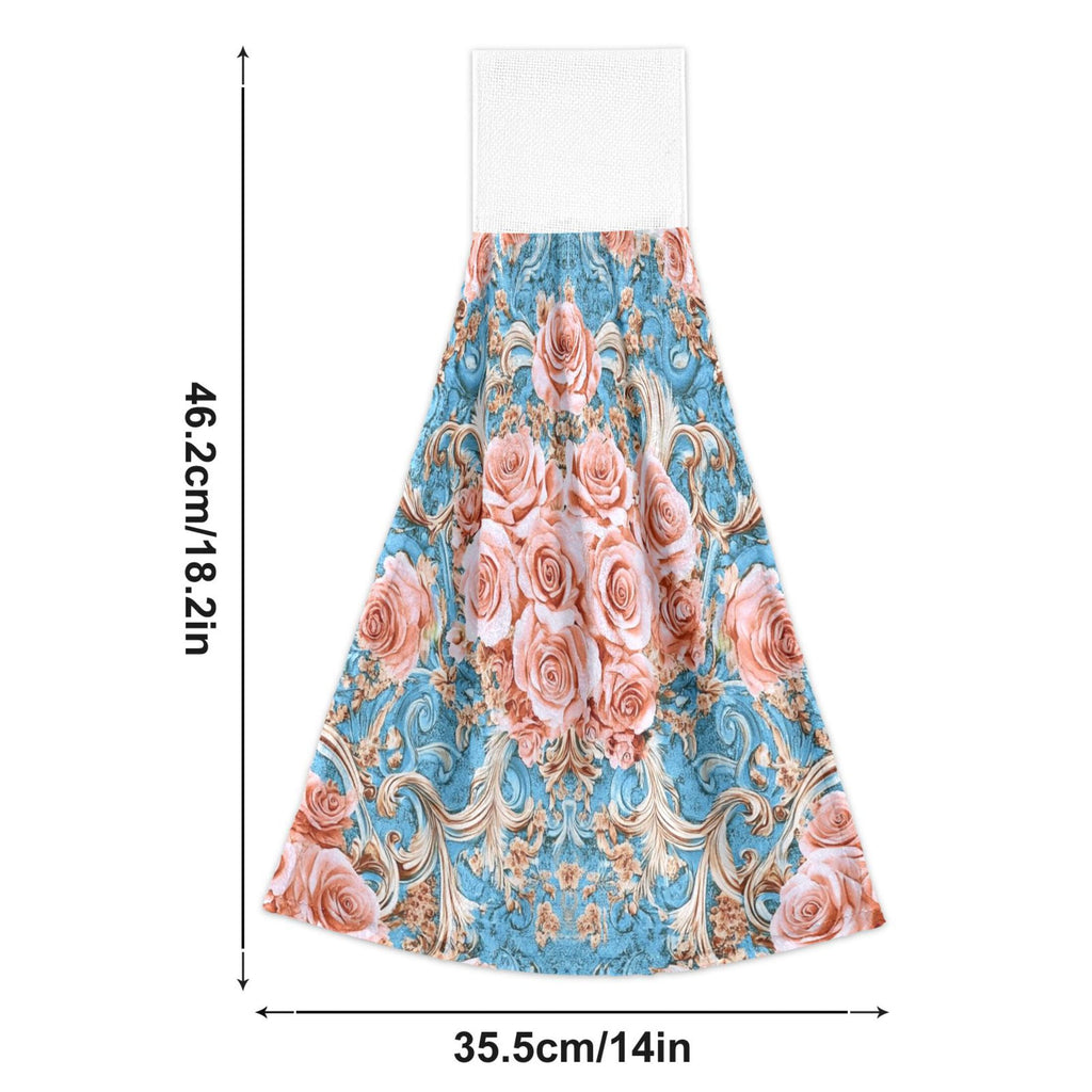 BZSMCE Hanging Hand Towels Fashion Blush Roses on Aqua Pattern 2-Pack - Velcro Style Bathroom Kitchen Towels