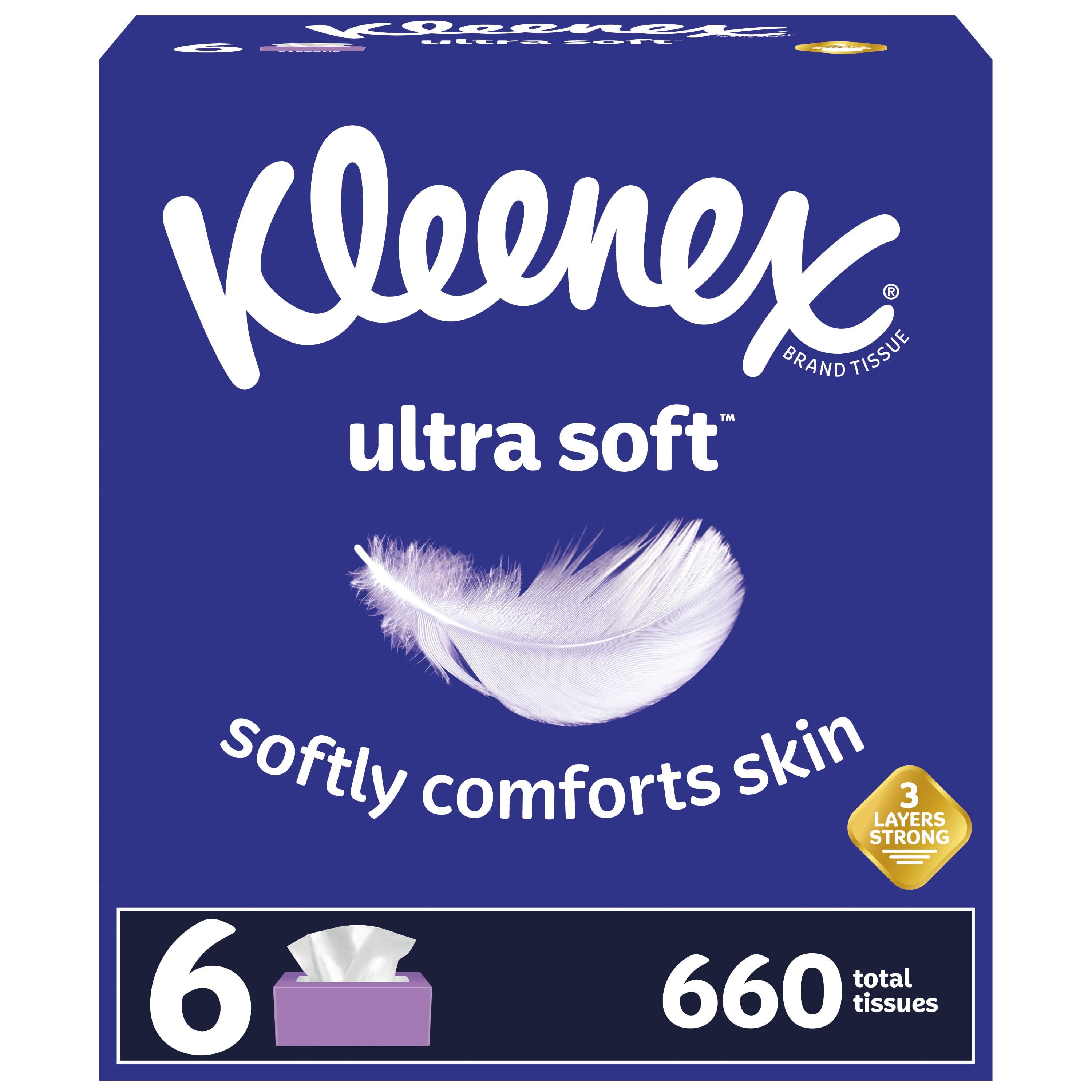 Kleenex Ultra Soft Facial Tissues - 6 Flat Boxes, 110 White Tissues per Box, 3-Ply (660 Total)