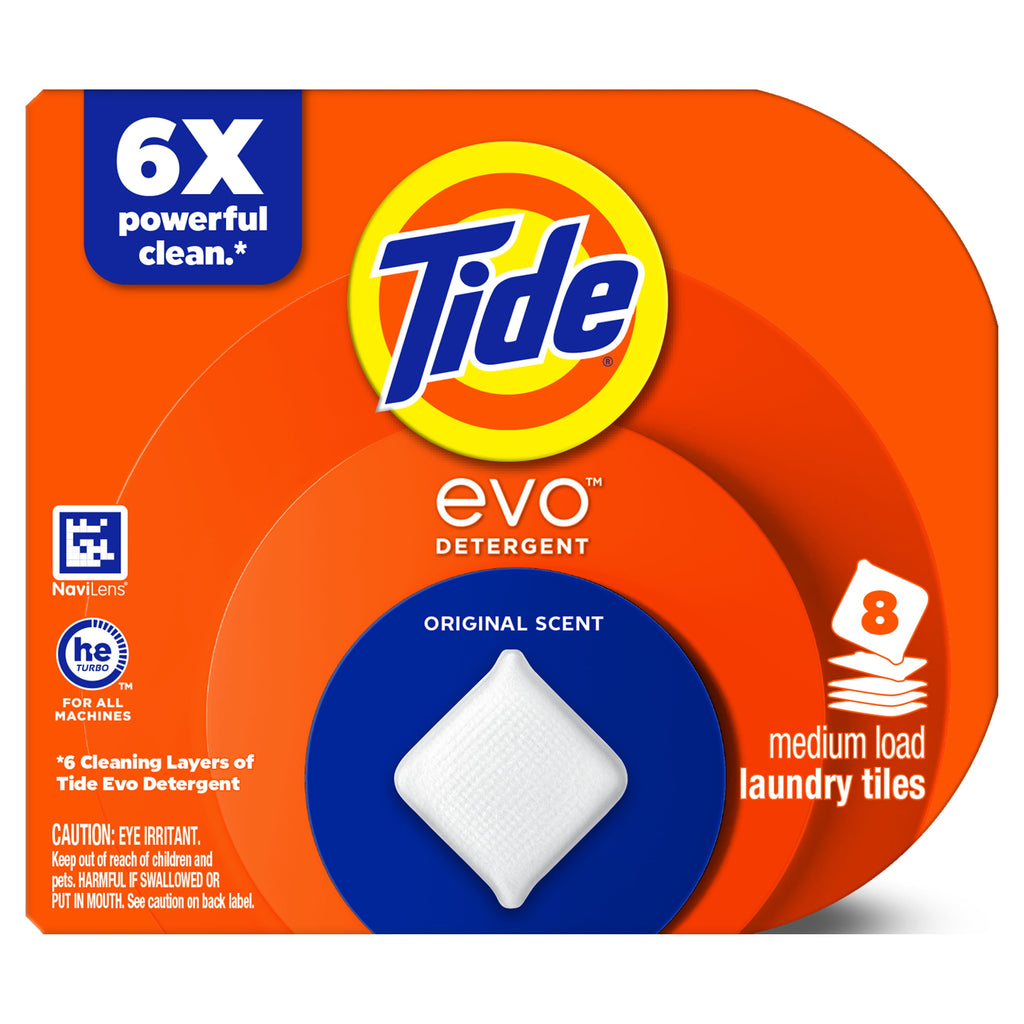Tide Evo Laundry Detergent Tiles - 100% Concentrated, 6X Cleaning Power, Original Tide Scent, 8 Count