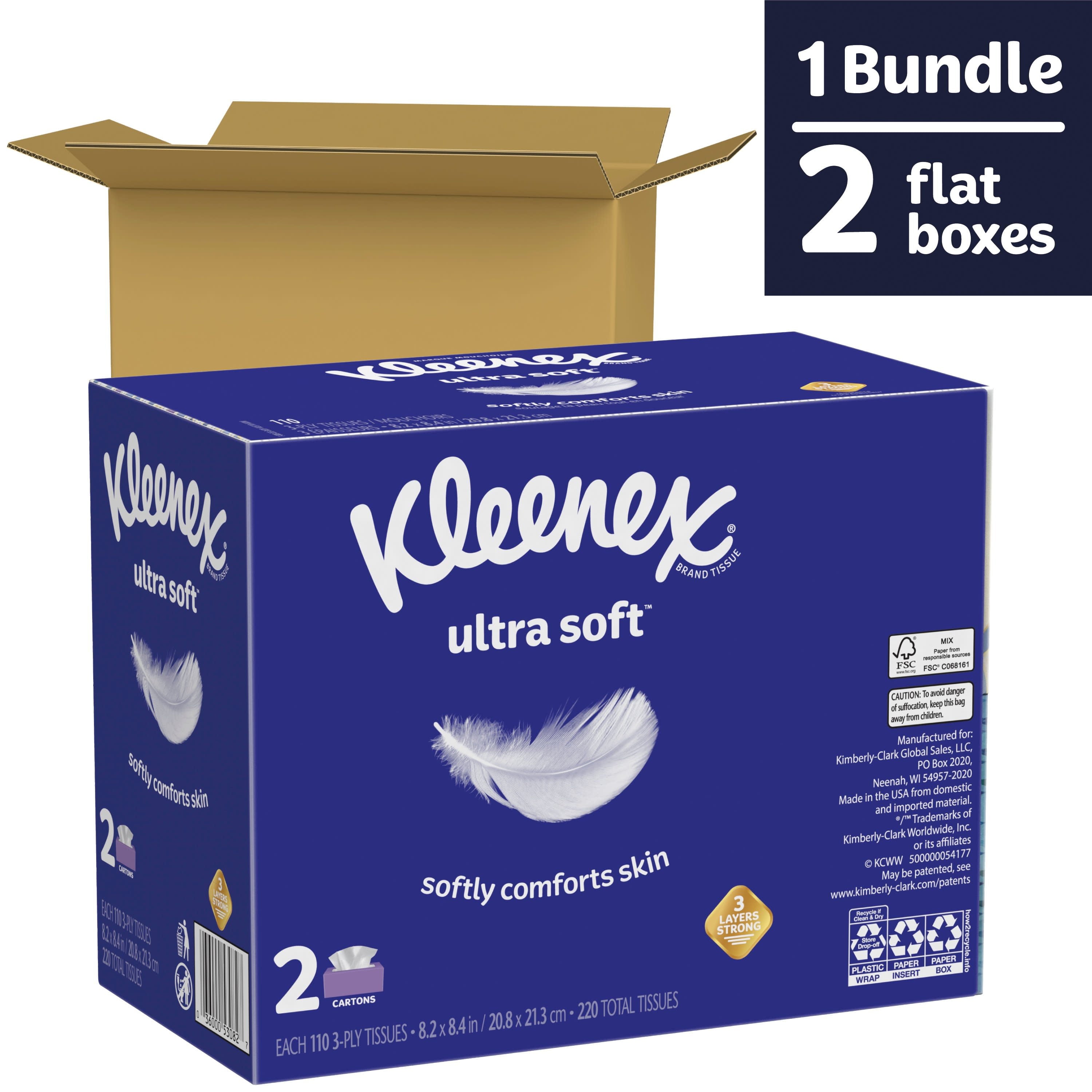 Kleenex Ultra Soft Facial Tissues - 2 Flat Boxes, 110 White Tissues per Box, 3-Ply (220 Total)