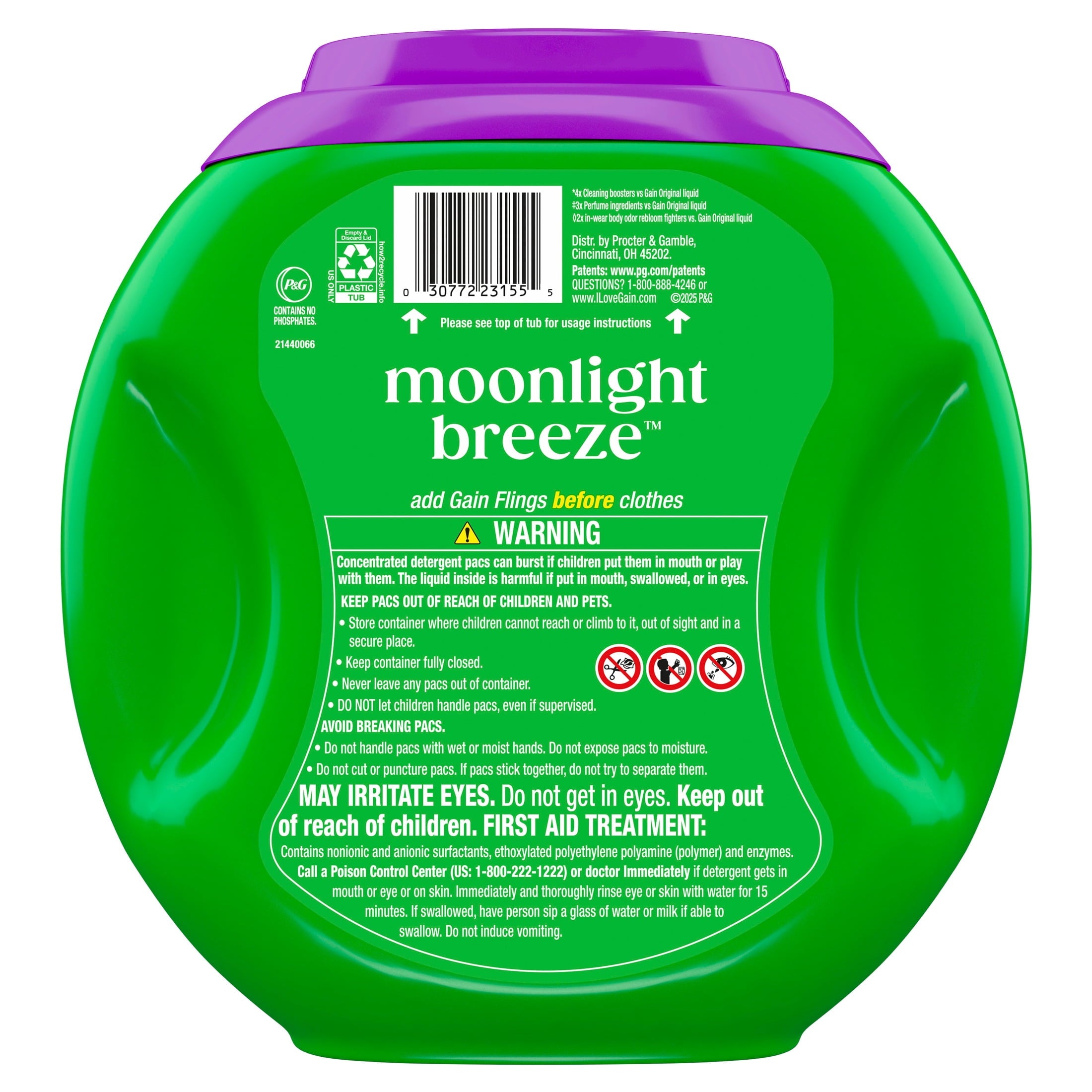 Gain Plus Flings Laundry Detergent Liquid Washing Pacs - Gain's Best All-In-One Clean, Moonlight Breeze Scent, 32 Count