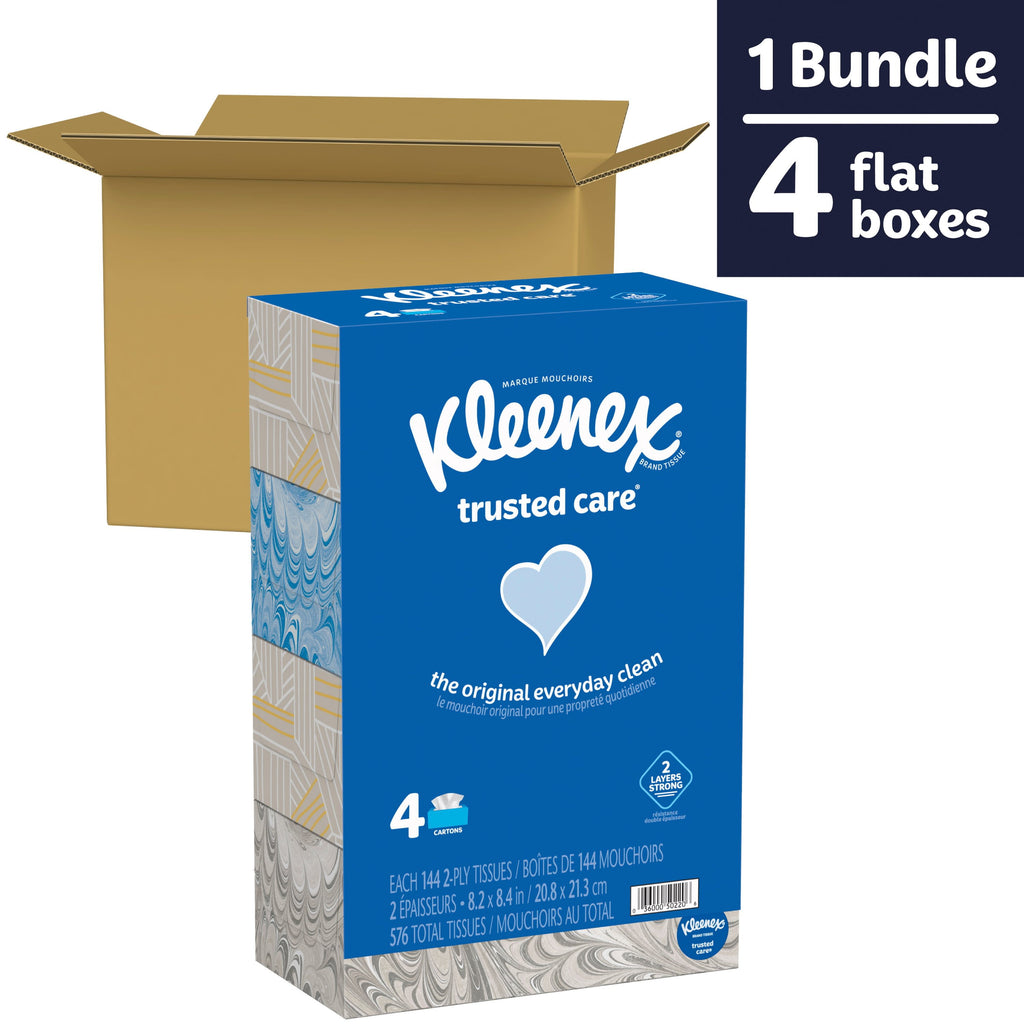 Kleenex Trusted Care Facial Tissues - 4 Flat Boxes, 144 White Tissues per Box, 2-Ply (576 Total)