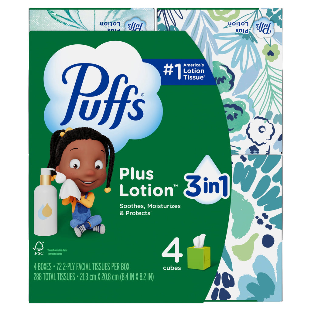 Puffs Facial Tissue Plus Lotion - 4 Mega Cube Boxes, 72 Tissues Per Box