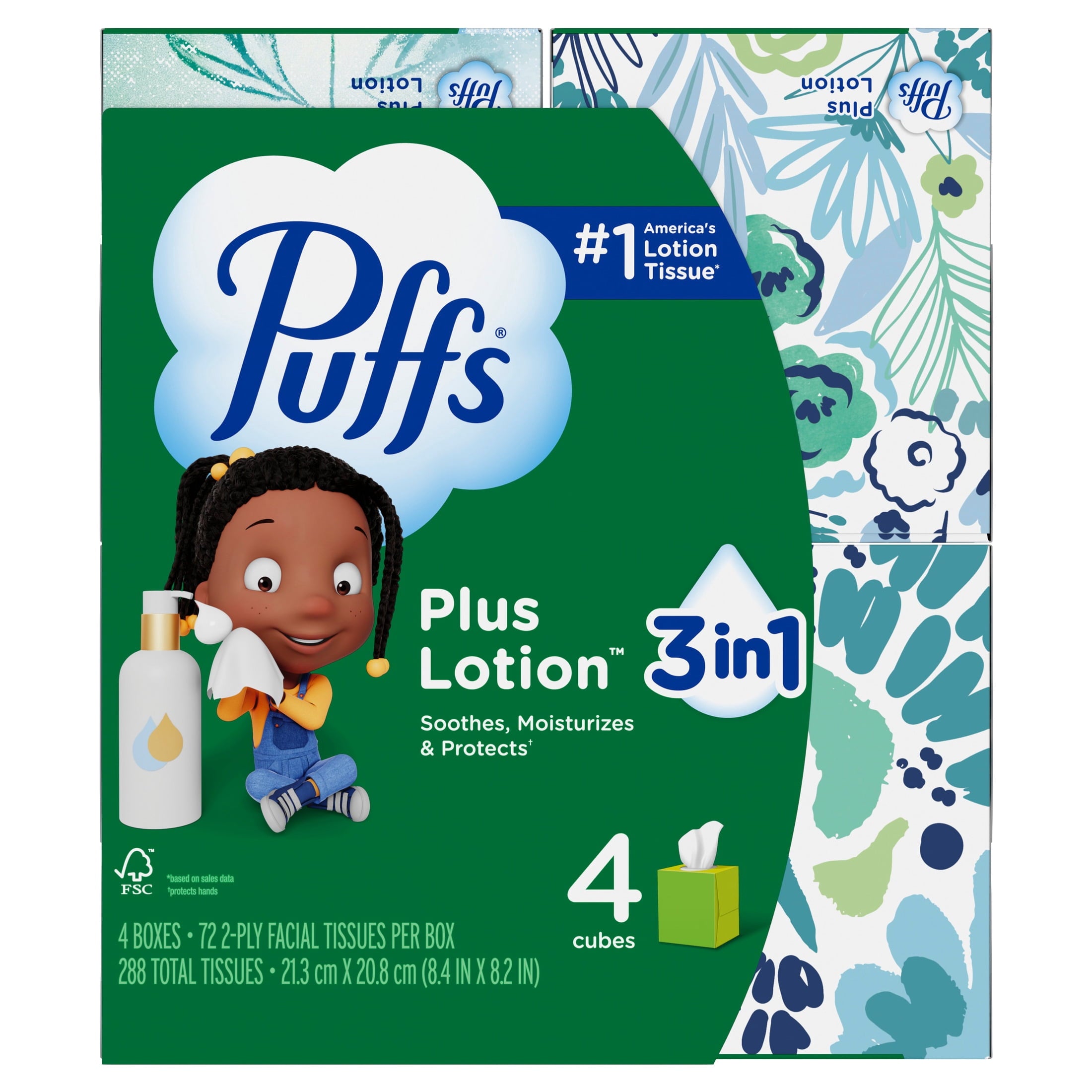 Puffs Facial Tissue Plus Lotion - 4 Mega Cube Boxes, 72 Tissues Per Box