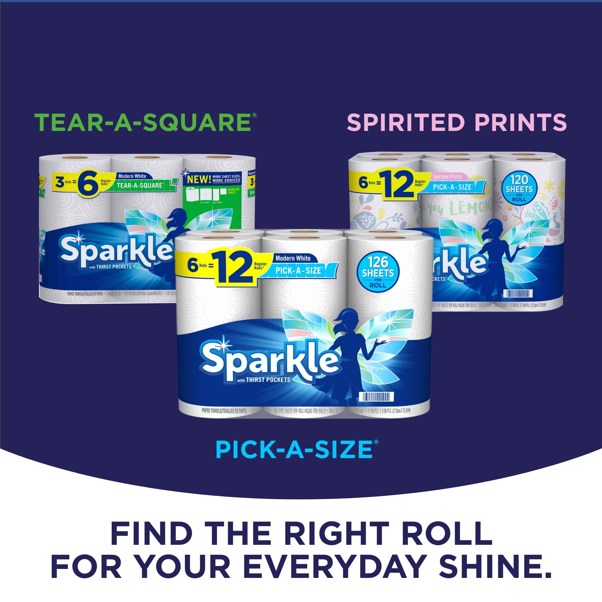 Sparkle Pick-A-Size Paper Towels - White, 6 Double Rolls = 12 Regular Rolls, 126 2-Ply Sheets Per Roll