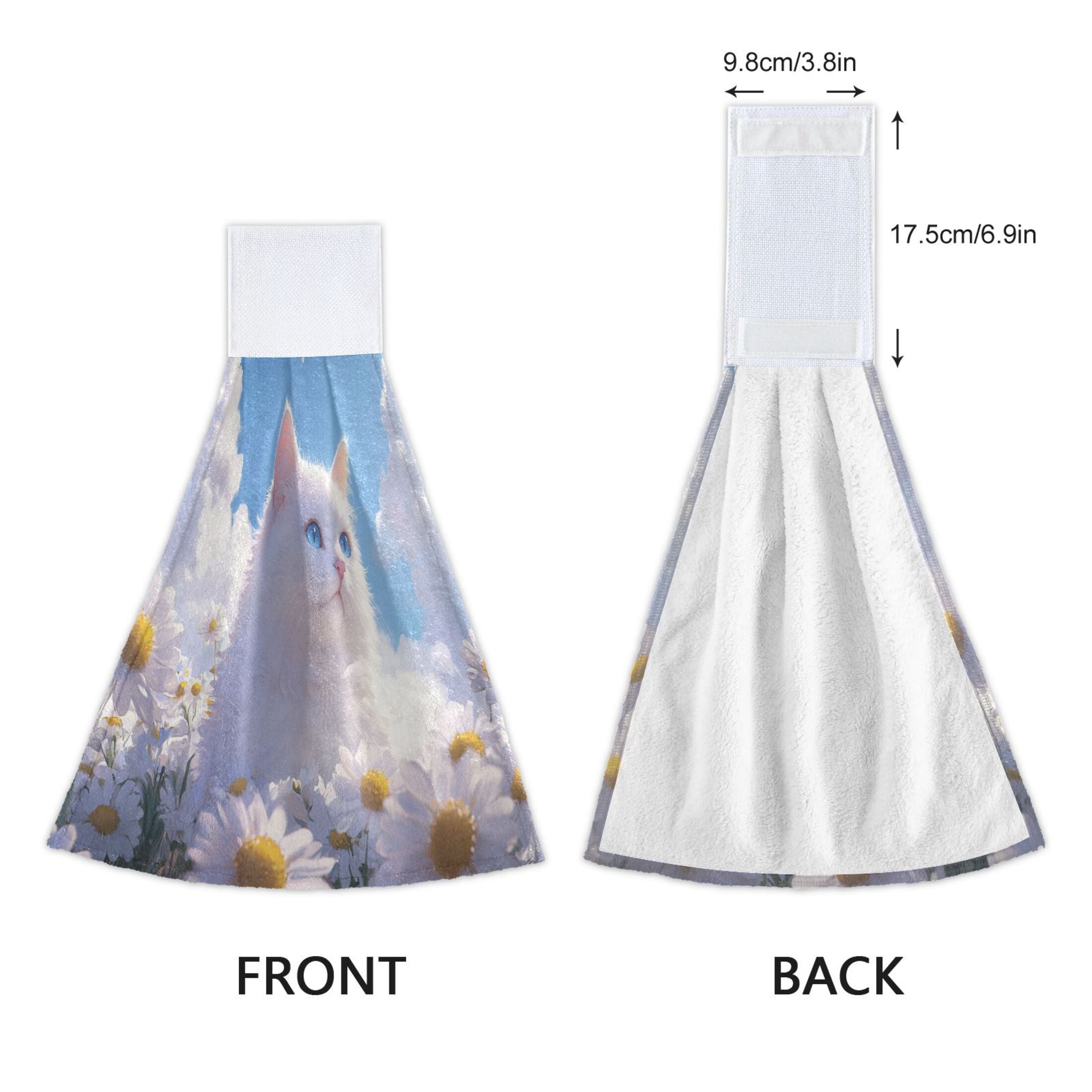 BZSMCE Hanging Hand Towels Fashion Cat Among Daisies and Clouds Pattern 2-Pack - Velcro Style Bathroom Kitchen Towels