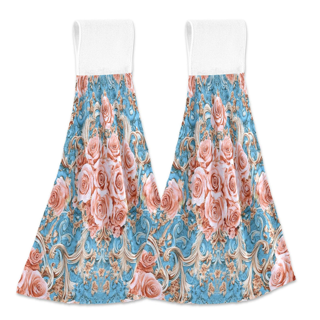 BZSMCE Hanging Hand Towels Fashion Blush Roses on Aqua Pattern 2-Pack - Velcro Style Bathroom Kitchen Towels