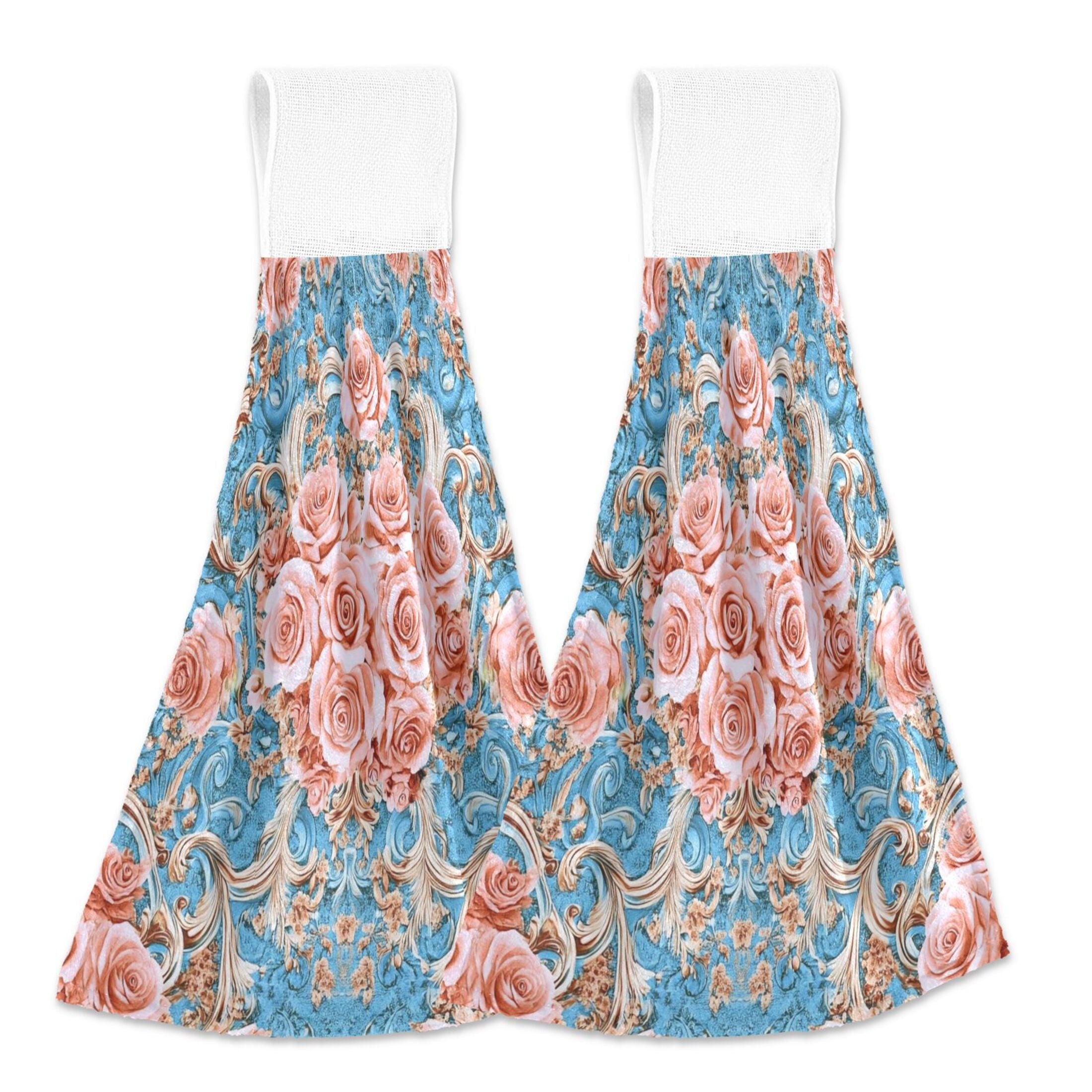 BZSMCE Hanging Hand Towels Fashion Blush Roses on Aqua Pattern 2-Pack - Velcro Style Bathroom Kitchen Towels